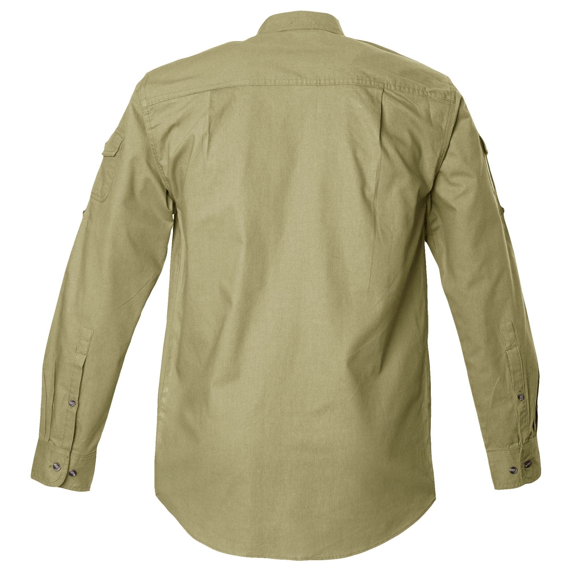 Back view of a Men's Shooter Shirt in Long Sleeves, color Khaki. The shirt has functional cross-stitched shoulder straps, double stitching throughout, and long rounded tails for tucking into pants. 100% cotton.--2