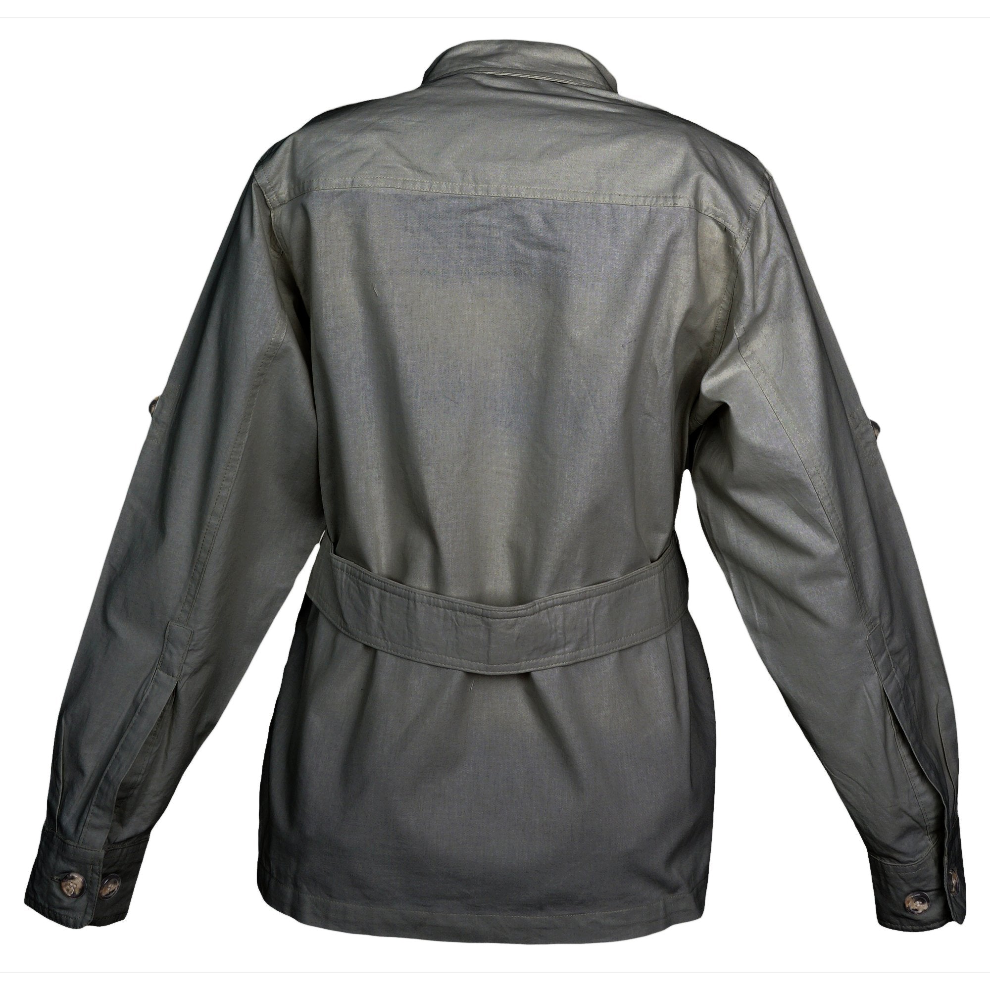 Back view of a Women's Safari Jacket, color Olive. The jacket has a double yolk, functional cross-stitched shoulder straps, Swiss roll-up tabs on the sleeves, a buckled waist belt, and double stitching throughout. 100% cotton.--4