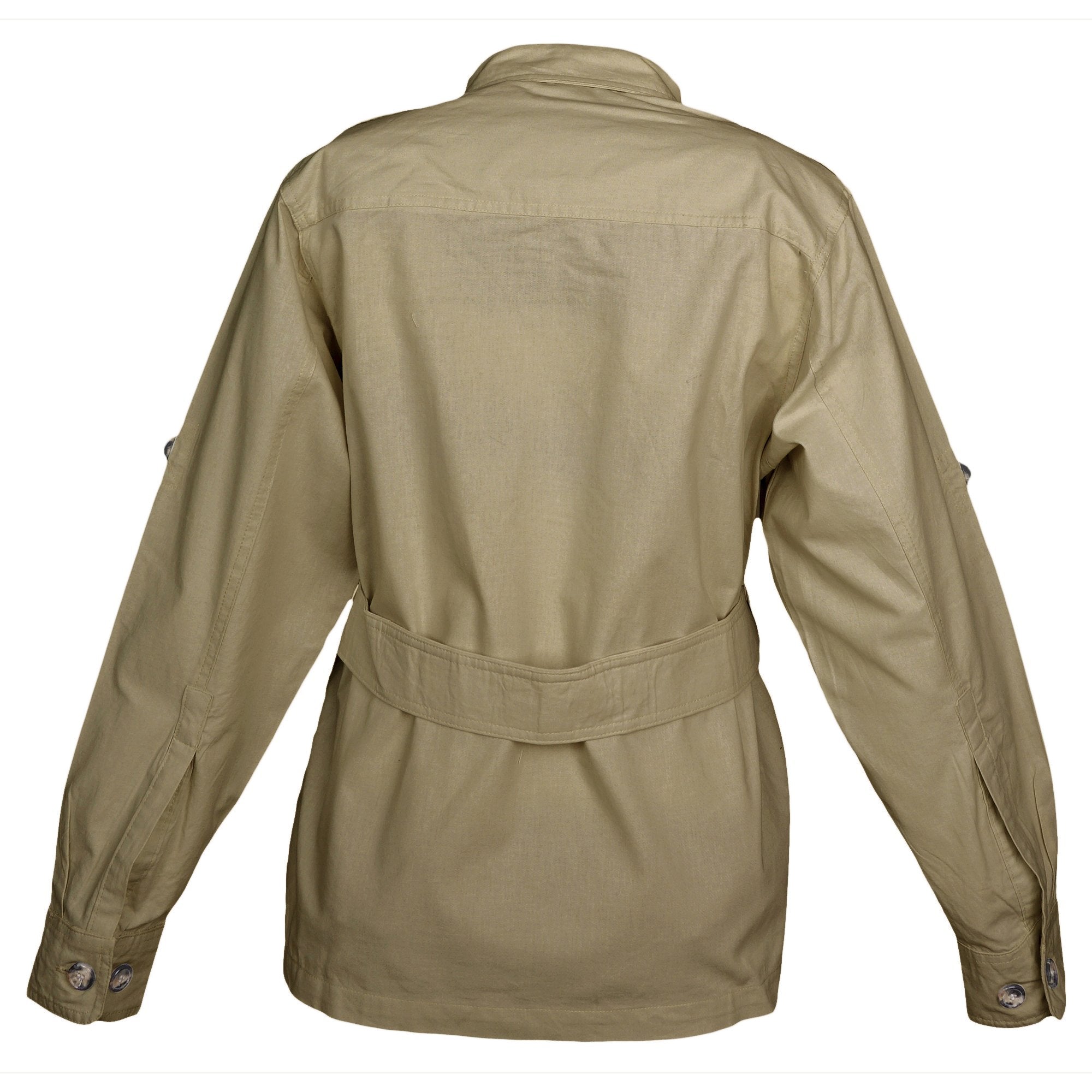 Back view of a Women's Safari Jacket, color Khaki. The jacket has a double yolk, functional cross-stitched shoulder straps, Swiss roll-up tabs on the sleeves, a buckled waist belt, and double stitching throughout. 100% cotton.--2