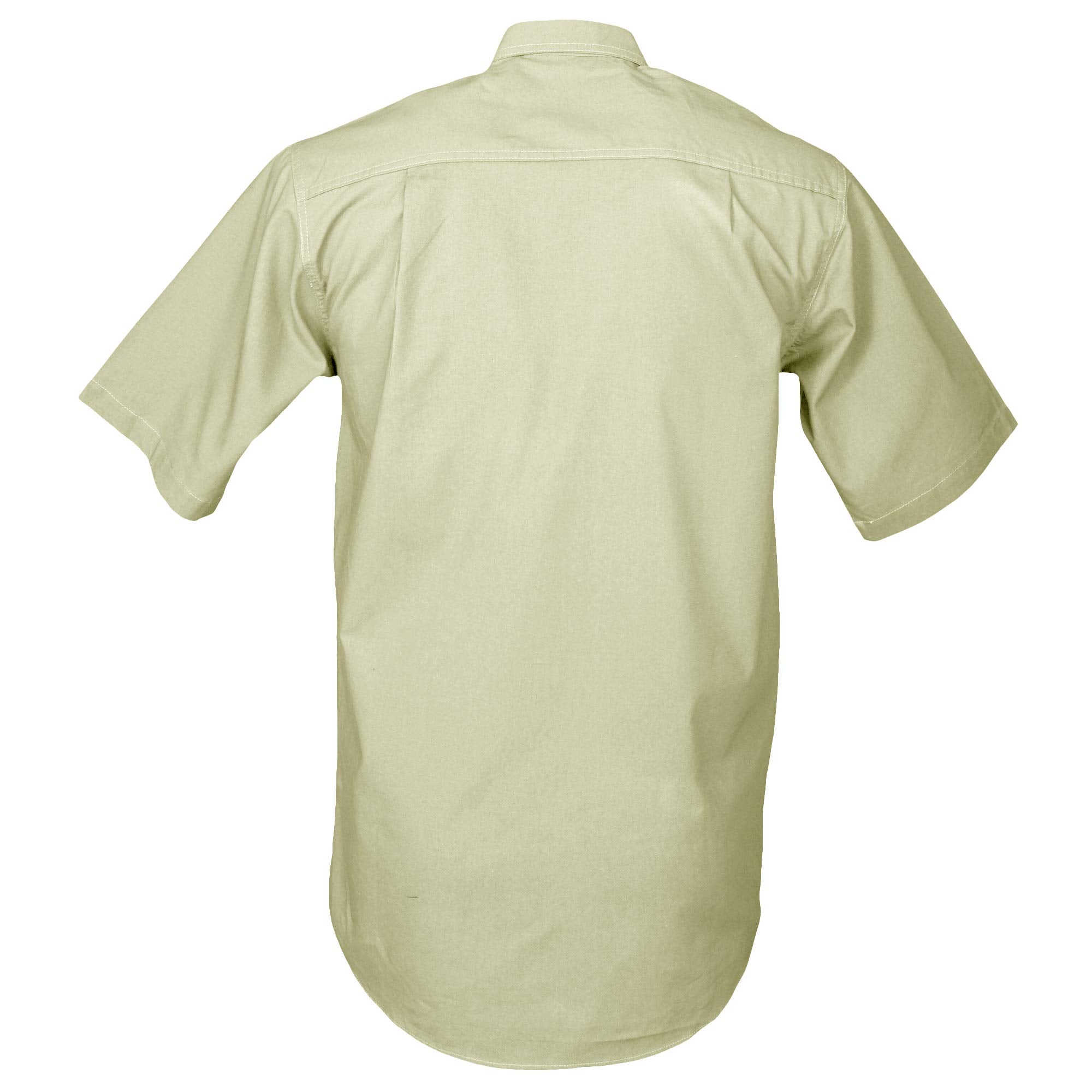 Back view of a Men's Safari Shirt in Short Sleeves, color Stone. The shirt has buttoned roll-up tabs on the sleeve cuffs, double stitching throughout, and long rounded tails for tucking into pants. 100% cotton.--6