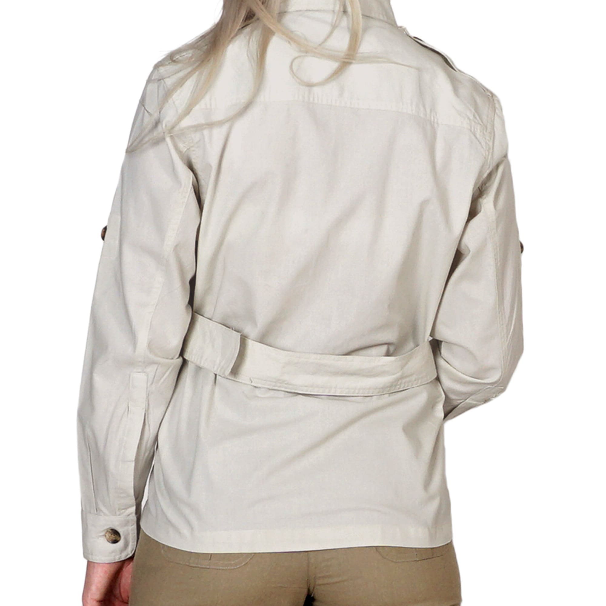 Back view of a Women's Safari Jacket, color Stone. The jacket has a double yolk, functional cross-stitched shoulder straps, Swiss roll-up tabs on the sleeves, a buckled waist belt, and double stitching throughout. 100% cotton.--8