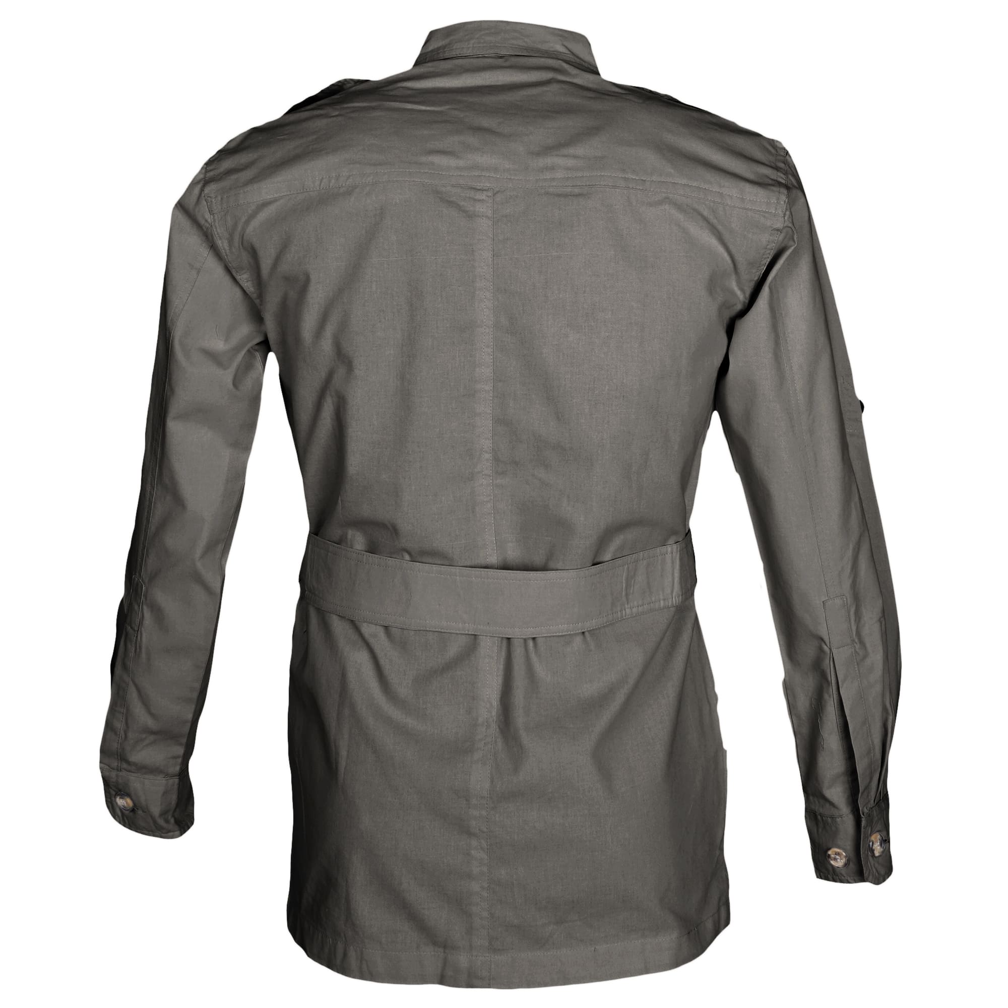 Back view of a Men's Safari Jacket, color Olive. The jacket has a double yolk, functional cross-stitched shoulder straps, Swiss roll-up tabs on the sleeves, a buckled waist belt, and double stitching throughout. 100% cotton.--4