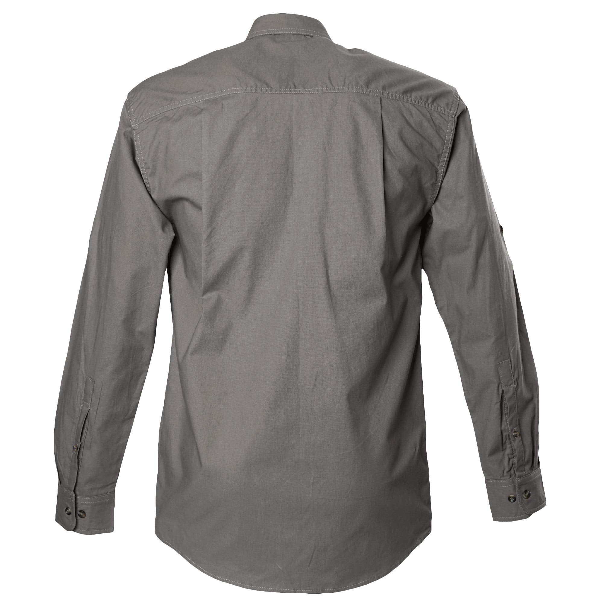 Back view of a Men's Safari Shirt in Long Sleeves, color Olive. The shirt has buttoned Swiss tabs on the sleeves, double stitching throughout, and long rounded tails for tucking into pants. 100% cotton.--4