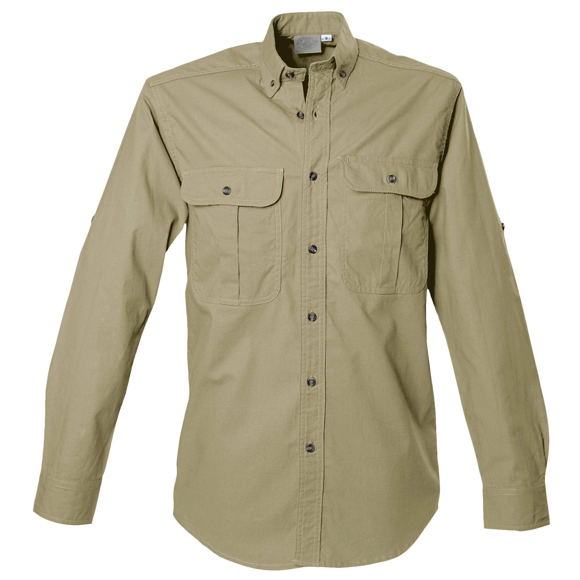 Front view of a Men's Safari Shirt in Long Sleeves, color Khaki. The shirt has two flap-covered chest pockets, button-down collars, buttoned Swiss tabs on the sleeves, a button-front placket, double stitching throughout, and long rounded tails for tucking into pants. 100% cotton.--1