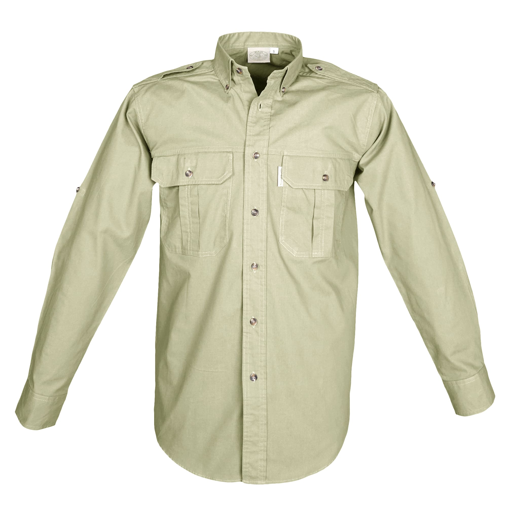 Front view of a Men's Trail Shirt in Long Sleeves, color Stone. The shirt has two flap-covered chest pockets, button-down collars, functional cross-stitched shoulder straps, a button-front placket, double stitching throughout, and long rounded tails for tucking into pants. 100% cotton.--5