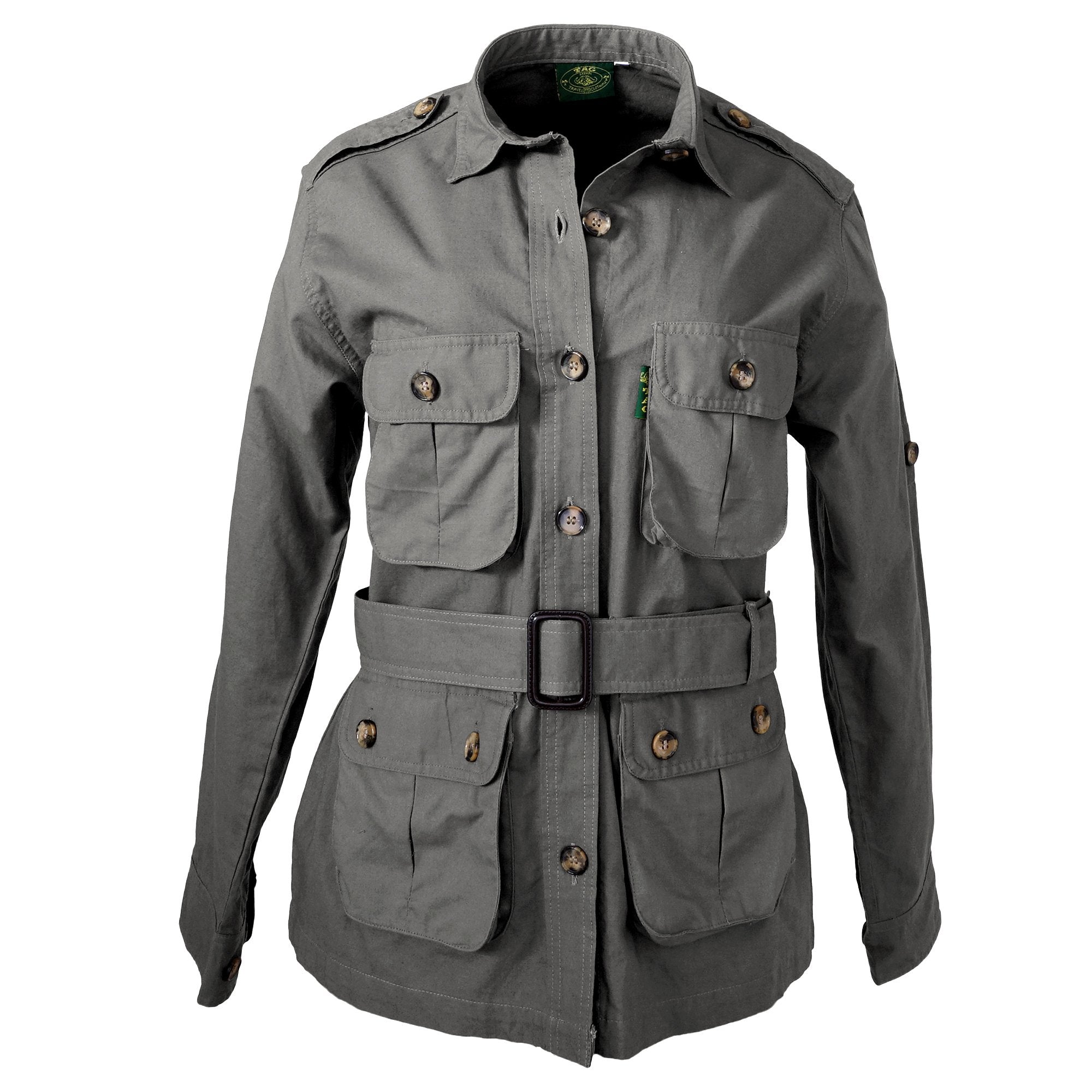 Front view of a Women's Safari Jacket, color Olive. The jacket has two large flap-covered cargo-style chest pockets, two large flap-covered cargo-style waist pockets, functional cross-stitched shoulder straps, Swiss roll-up tabs on the sleeves, a button-front placket, a buckled waist belt, and double stitching throughout. 100% cotton.--3