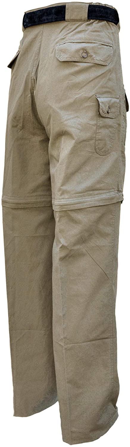 Back of Men's Zambezi Convertible Pants, color Khaki. The pants have removable mid-thigh zippered legs, two flap-covered pockets on the seat, a flap-covered utility pocket on the side, expandable waist panels, oversized belt loops, and double stitching throughout. 100% cotton.--2