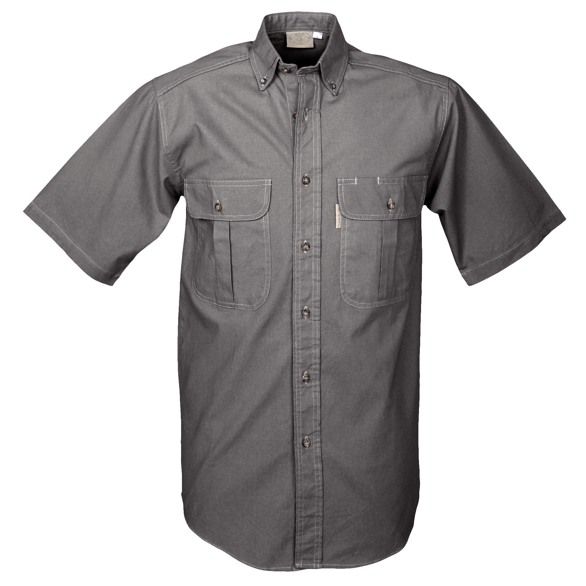 Front view of a Men's Safari Shirt in Short Sleeves, color Olive. The shirt has two flap-covered chest pockets, button-down collars, buttoned roll-up tabs on the sleeve cuffs, a button-front placket, double stitching throughout, and long rounded tails for tucking into pants. 100% cotton.--3