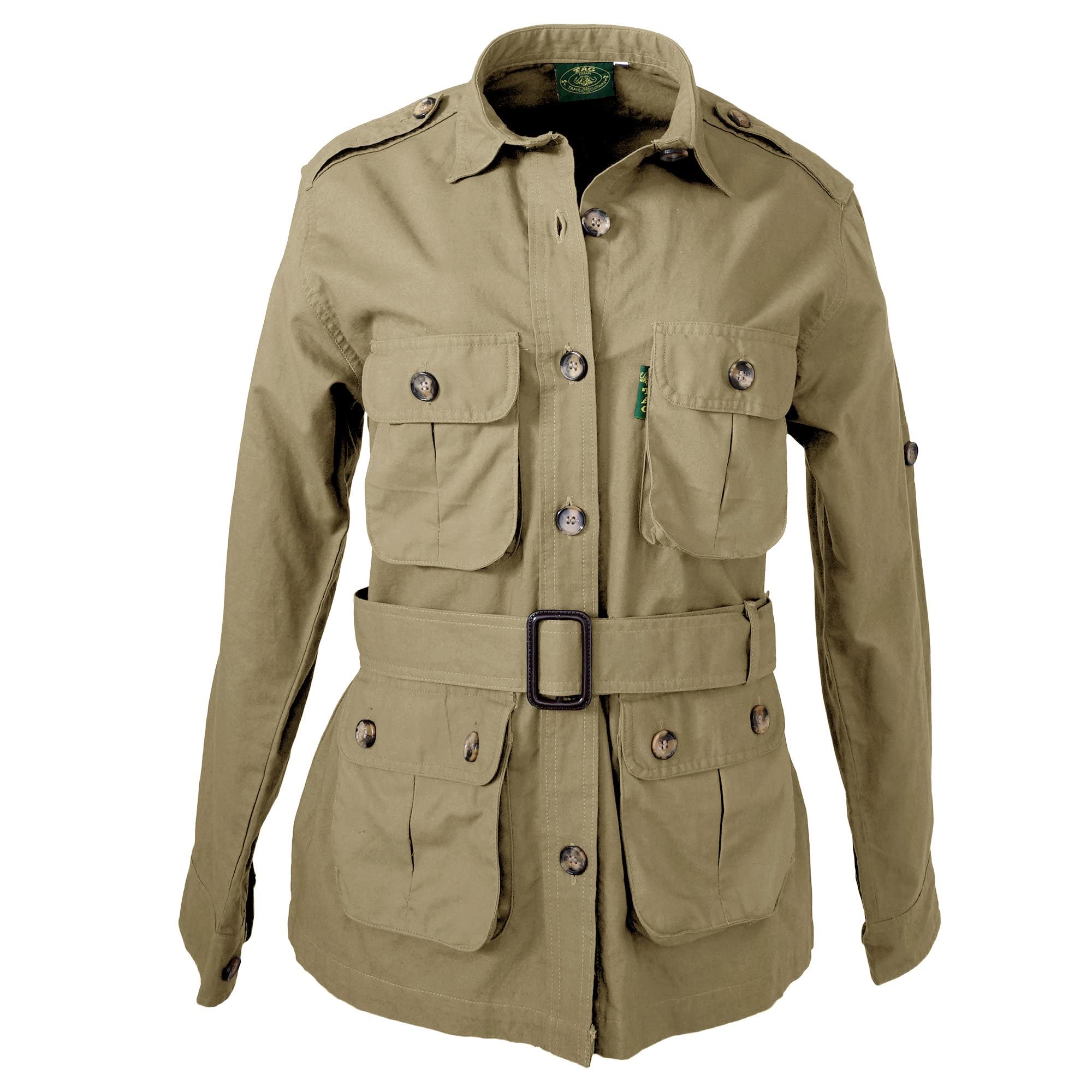 Front view of a Women's Safari Jacket, color Khaki. The jacket has two large flap-covered cargo-style chest pockets, two large flap-covered cargo-style waist pockets, functional cross-stitched shoulder straps, Swiss roll-up tabs on the sleeves, a button-front placket, a buckled waist belt, and double stitching throughout. 100% cotton.--1
