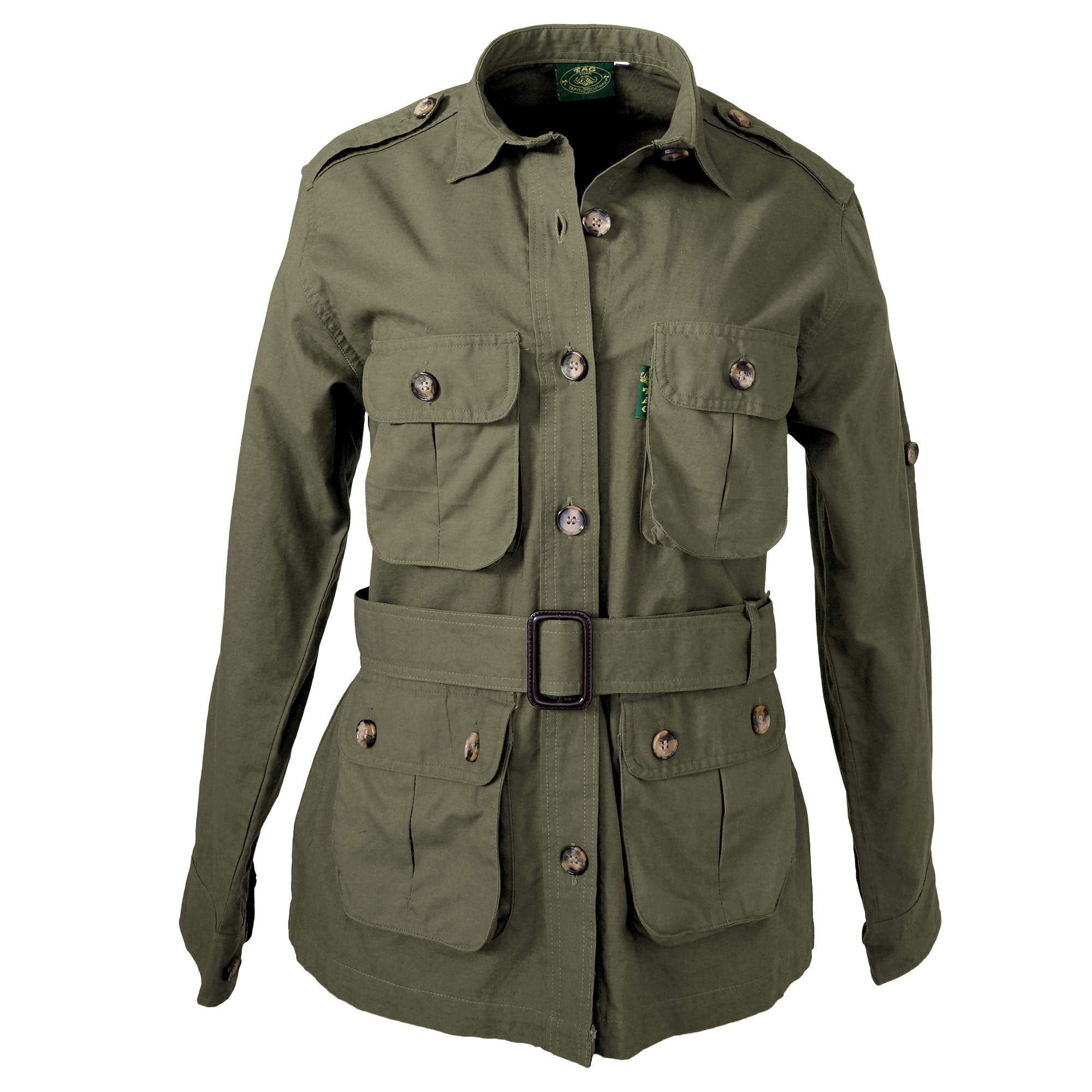 Front view of a Women's Safari Jacket, color Moss. The jacket has two large flap-covered cargo-style chest pockets, two large flap-covered cargo-style waist pockets, functional cross-stitched shoulder straps, Swiss roll-up tabs on the sleeves, a button-front placket, a buckled waist belt, and double stitching throughout. 100% cotton.--5