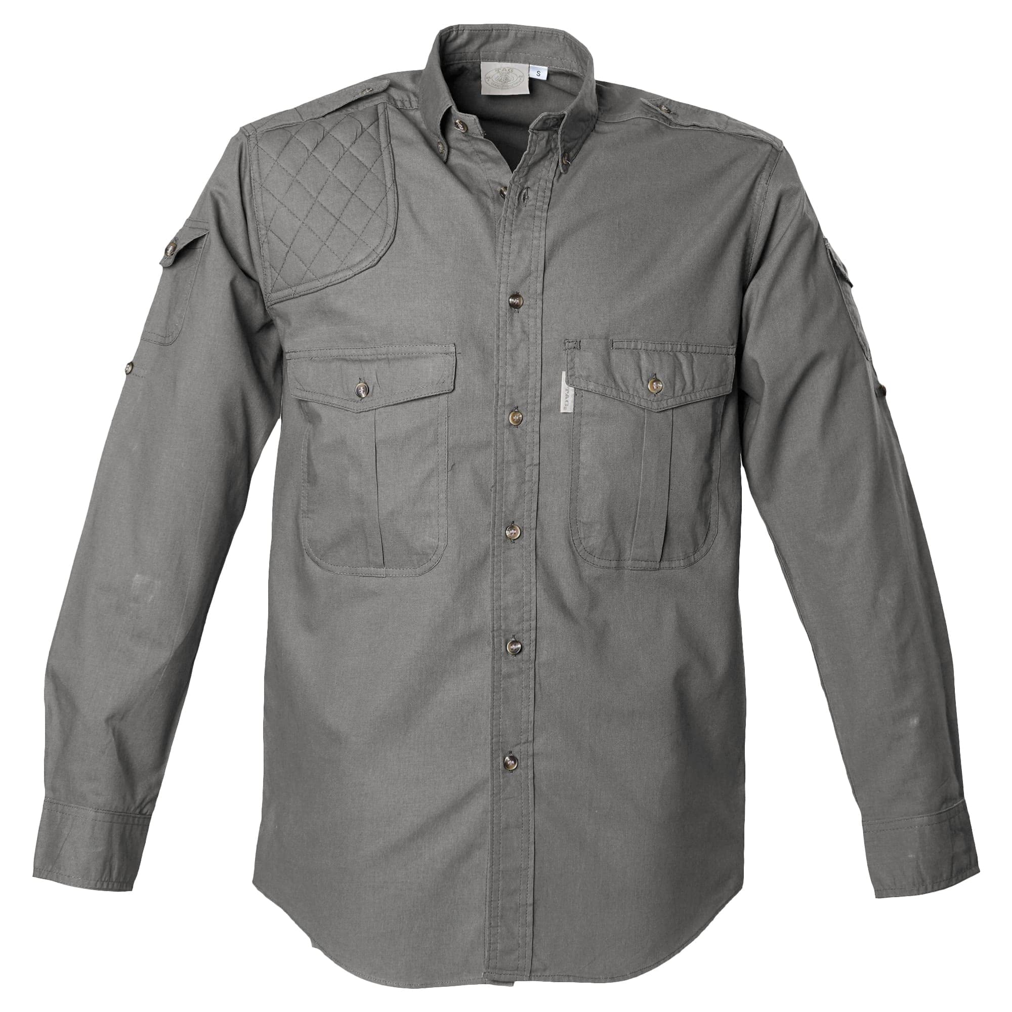 Front view of a Men's Shooter Shirt in Long Sleeves, color Olive. The shirt has a quilted shooting pad at the right shoulder, ammo pockets on the sleeves, two flap-covered chest pockets, button-down collars, functional cross-stitched shoulder straps, a button-front placket, double stitching throughout, and long rounded tails for tucking into pants. 100% cotton.--3