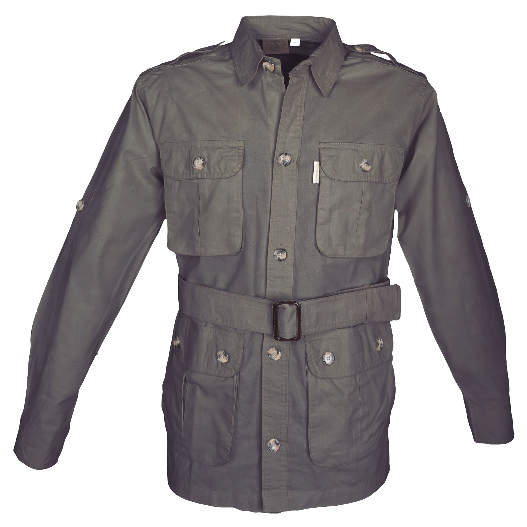 Front view of a Men's Safari Jacket, color Olive. The jacket has two large flap-covered cargo-style chest pockets, two large flap-covered cargo-style waist pockets, functional cross-stitched shoulder straps, Swiss roll-up tabs on the sleeves, a button-front placket, a buckled waist belt, and double stitching throughout. 100% cotton.--3