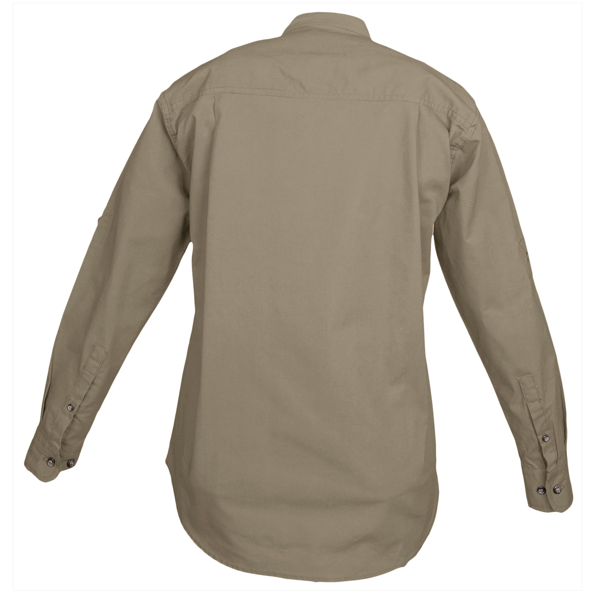 Back view of a Woman's Trail Shirt in Long Sleeves, color Khaki. The shirt has a dual layer yoke, functional cross-stitched shoulder straps, double stitching throughout, and long rounded tails for tucking into pants. 100% cotton.--2