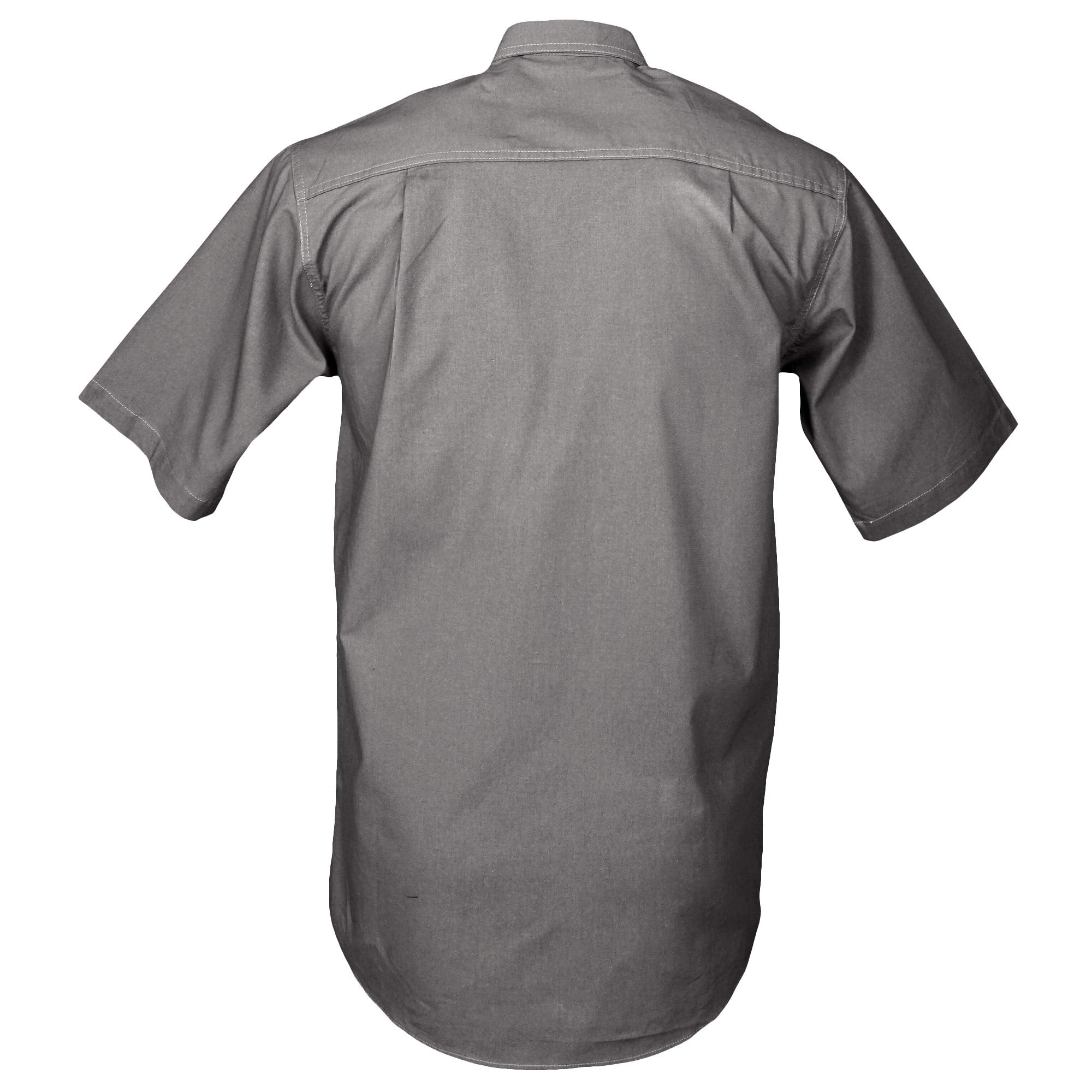 Back view of a Men's Safari Shirt in Short Sleeves, color Olive. The shirt has buttoned roll-up tabs on the sleeve cuffs, double stitching throughout, and long rounded tails for tucking into pants. 100% cotton.--4