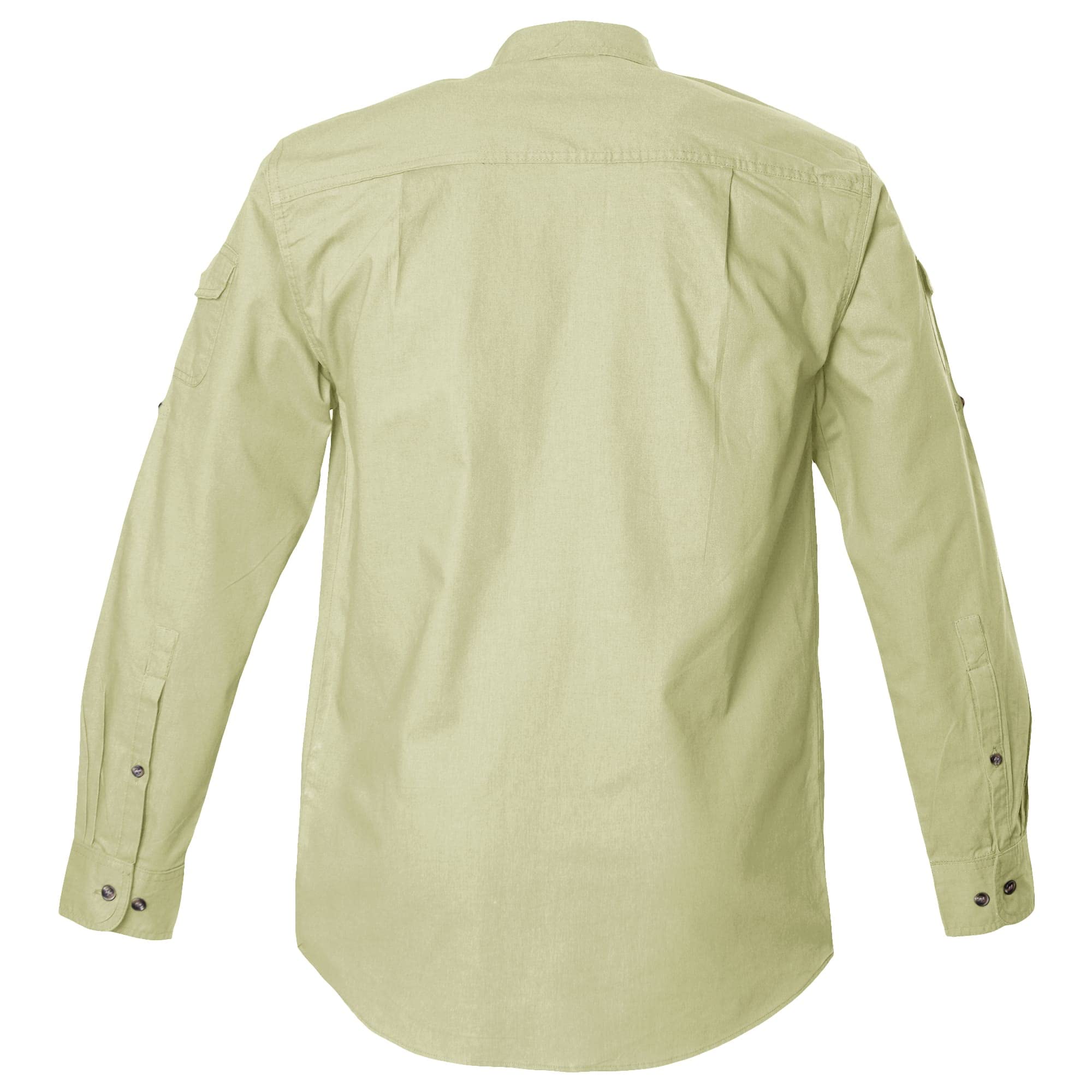 Back view of a Men's Shooter Shirt in Long Sleeves, color Stone. The shirt has functional cross-stitched shoulder straps, double stitching throughout, and long rounded tails for tucking into pants. 100% cotton.--6