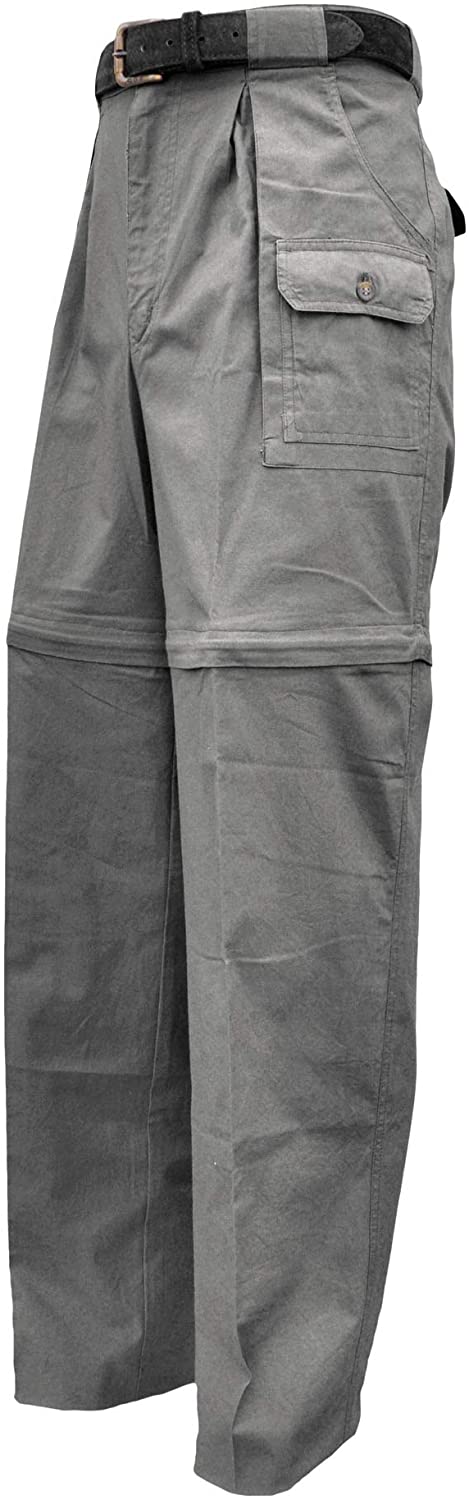 Front of Men's Zambezi Convertible Pants, color Olive. The pants have removable mid-thigh zippered legs, two slash pockets at the hip, two flap-covered cargo pockets up front, expandable waist panels, oversized belt loops, and double stitching throughout. 100% cotton.--4