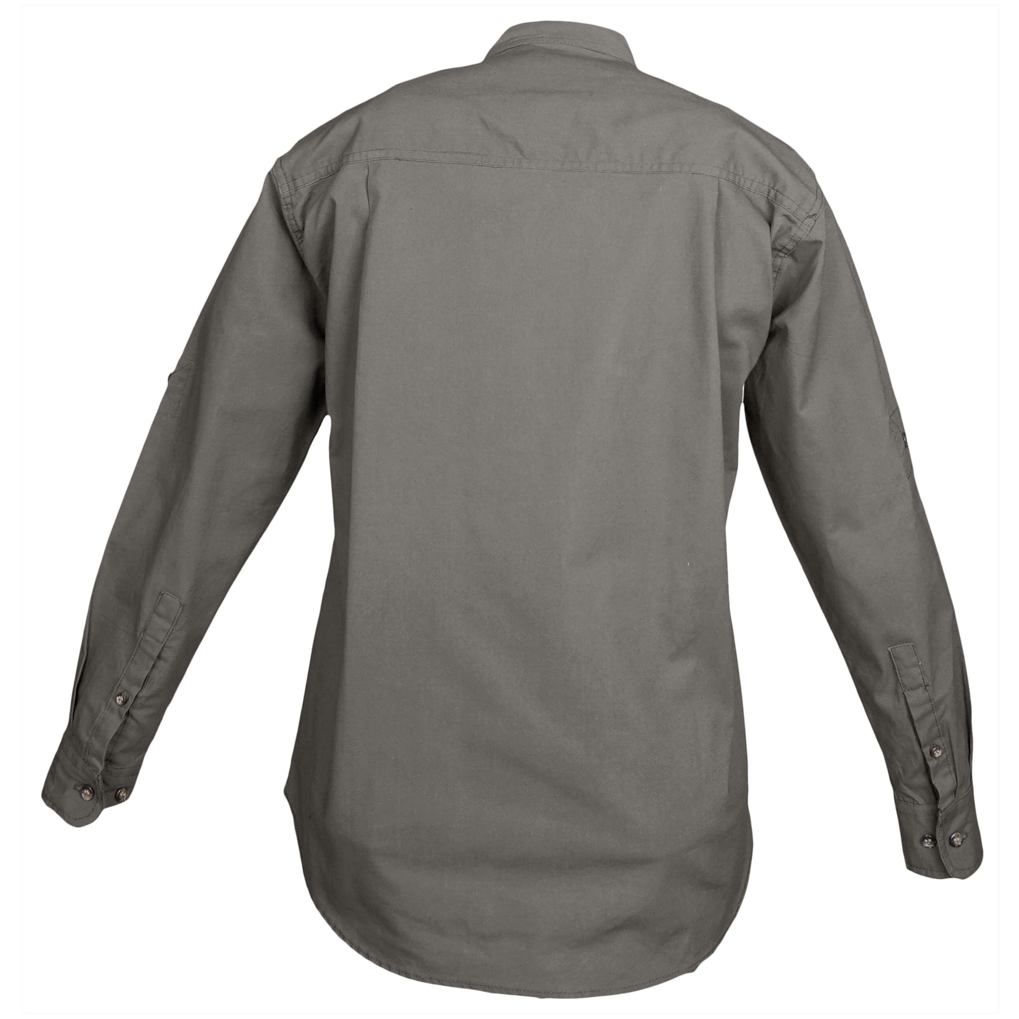 Back view of a Woman's Trail Shirt in Long Sleeves, color Olive. The shirt has a dual layer yoke, functional cross-stitched shoulder straps, double stitching throughout, and long rounded tails for tucking into pants. 100% cotton.--4