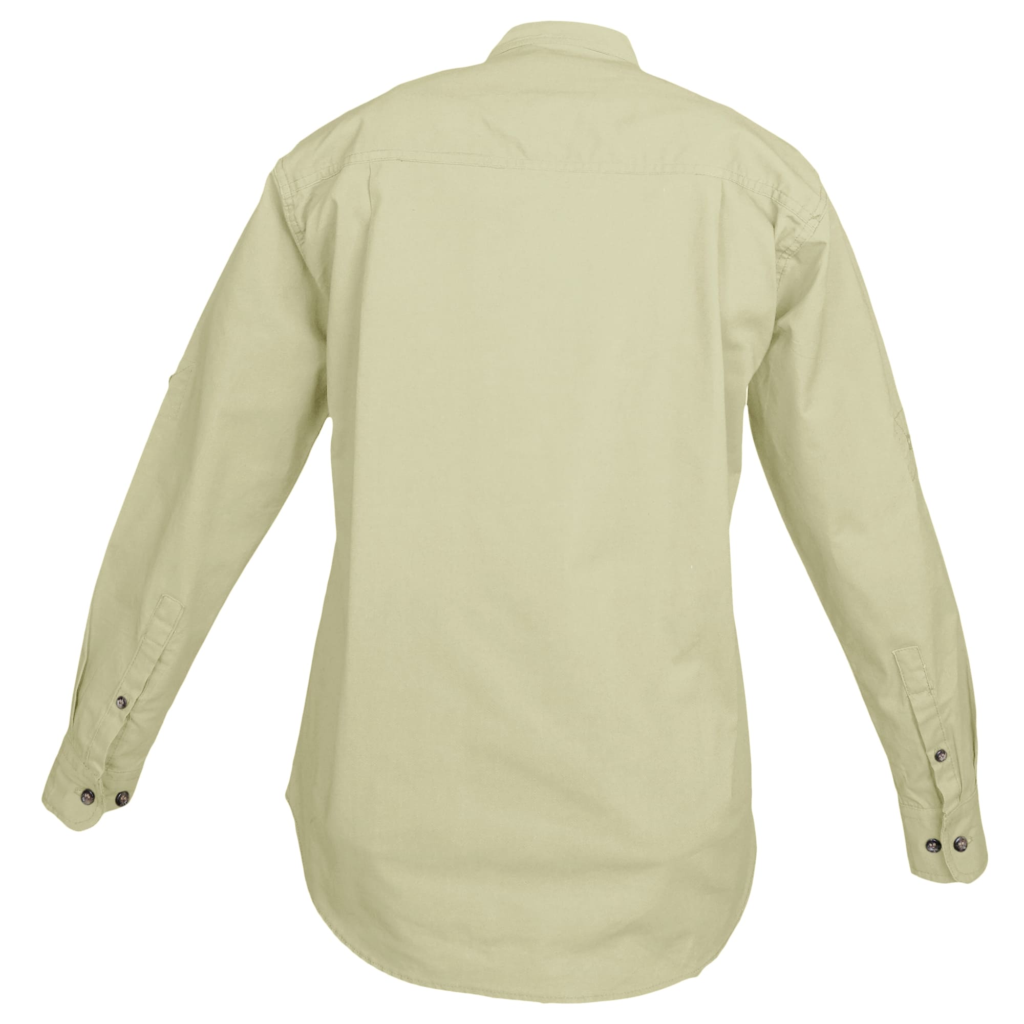Back view of a Woman's Trail Shirt in Long Sleeves, color Stone. The shirt has a dual layer yoke, functional cross-stitched shoulder straps, double stitching throughout, and long rounded tails for tucking into pants. 100% cotton.--6