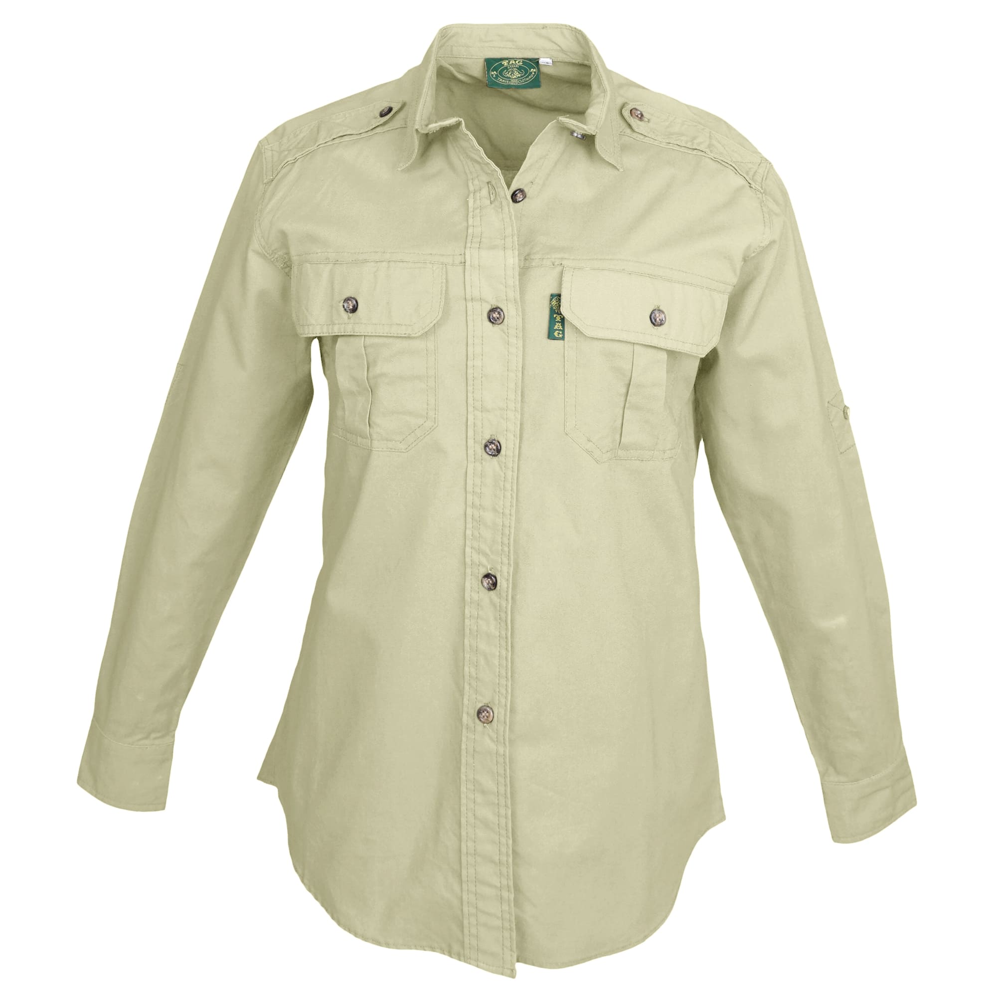 Front view of a Woman's Trail Shirt in Long Sleeves, color Stone. The shirt has two flap-covered chest pockets, functional cross-stitched shoulder straps, a button-front placket, double stitching throughout, and long rounded tails for tucking into pants. 100% cotton.--5