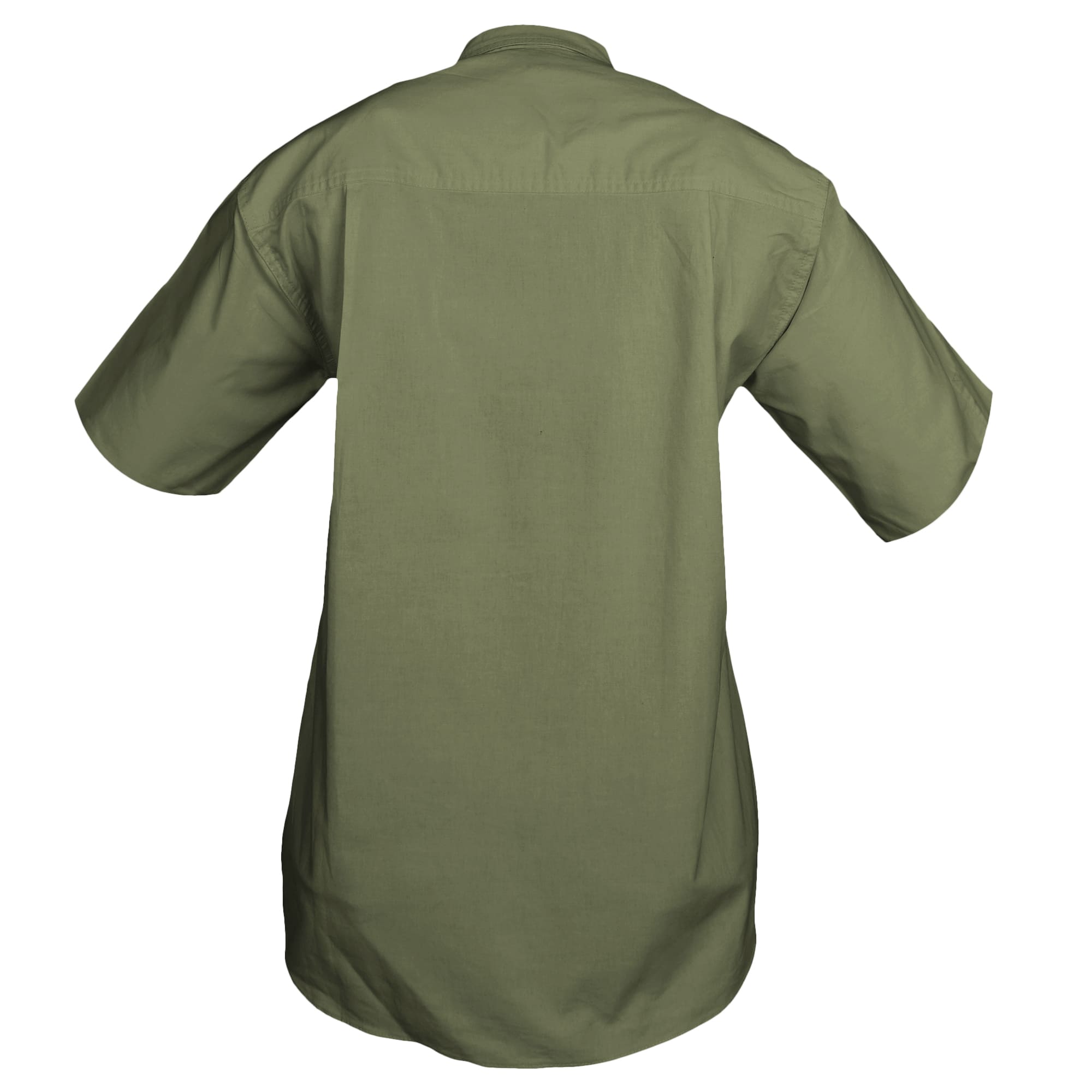 Back view of a Woman's Trail Shirt in Short Sleeves, color Moss. The shirt has a dual layer yoke, functional cross-stitched shoulder straps, double stitching throughout, and long rounded tails for tucking into pants. 100% cotton.--4