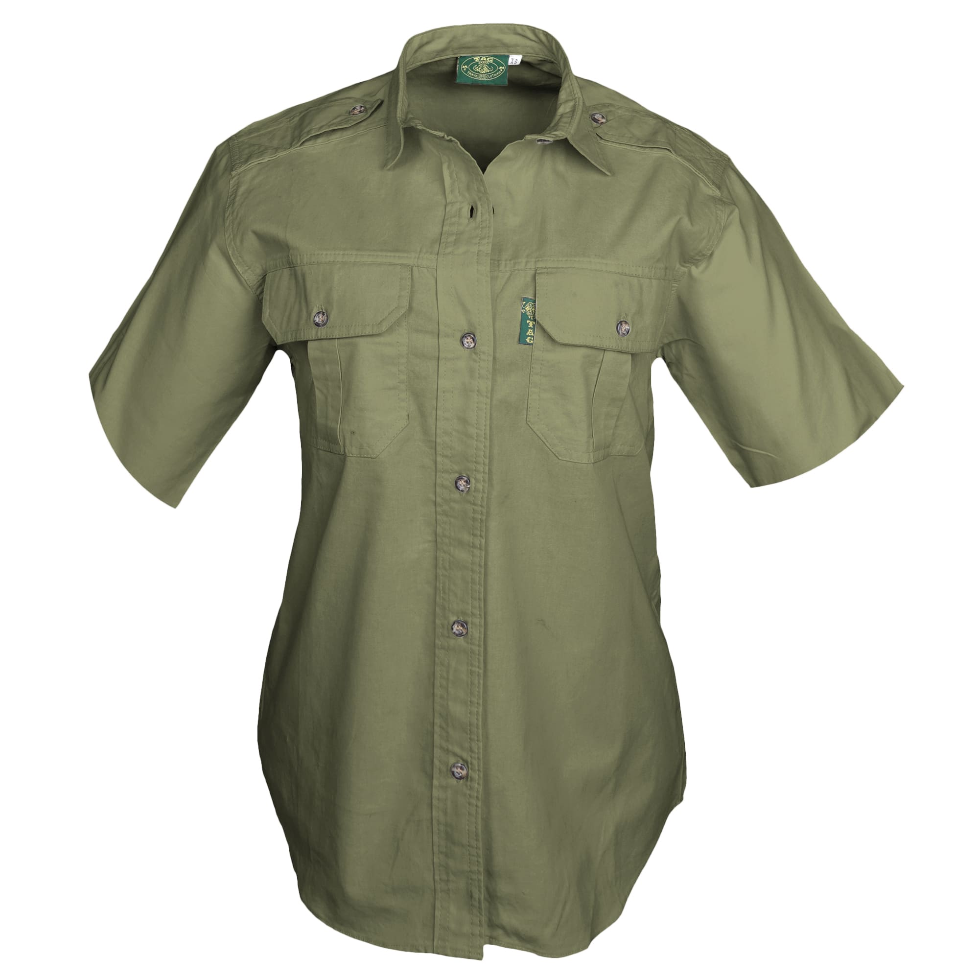 Front view of a Woman's Trail Shirt in Short Sleeves, color Moss. The shirt has two flap-covered chest pockets, functional cross-stitched shoulder straps, a button-front placket, double stitching throughout, and long rounded tails for tucking into pants. 100% cotton.--3