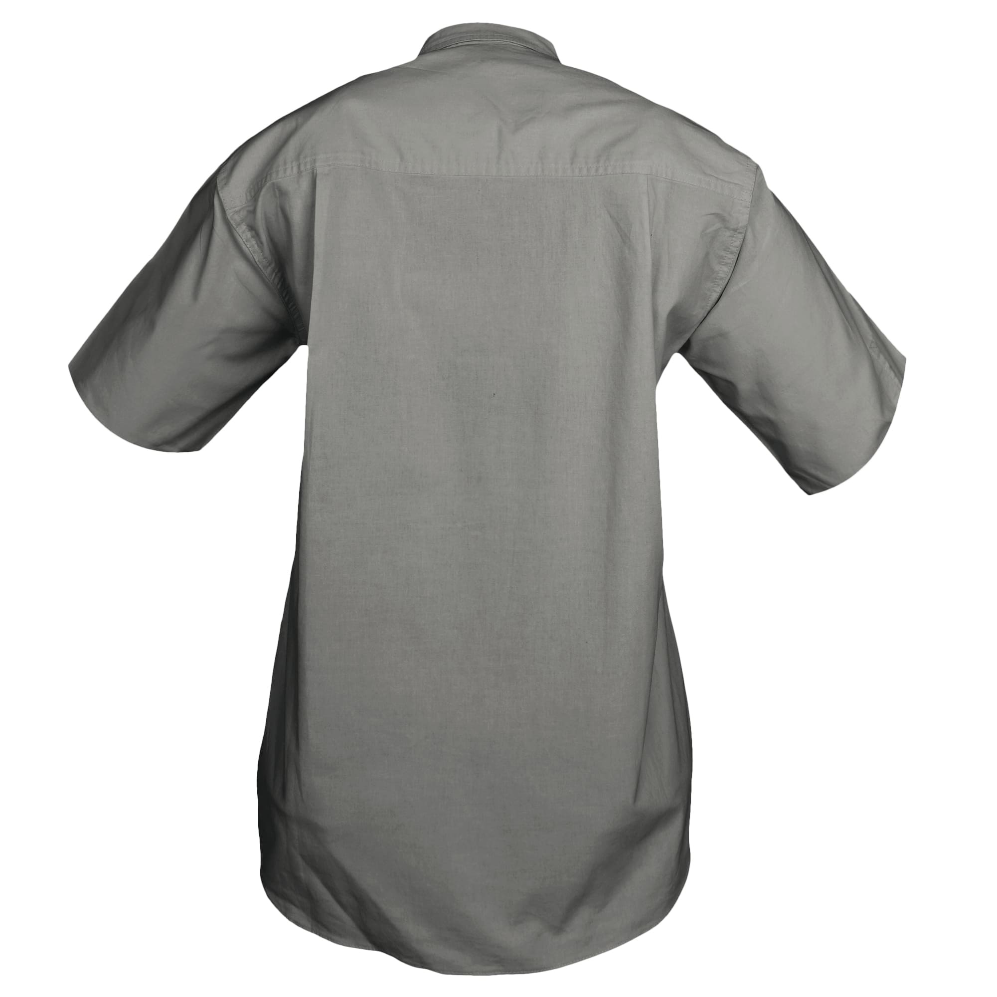Back view of a Woman's Trail Shirt in Short Sleeves, color Olive. The shirt has a dual layer yoke, functional cross-stitched shoulder straps, double stitching throughout, and long rounded tails for tucking into pants. 100% cotton.--6