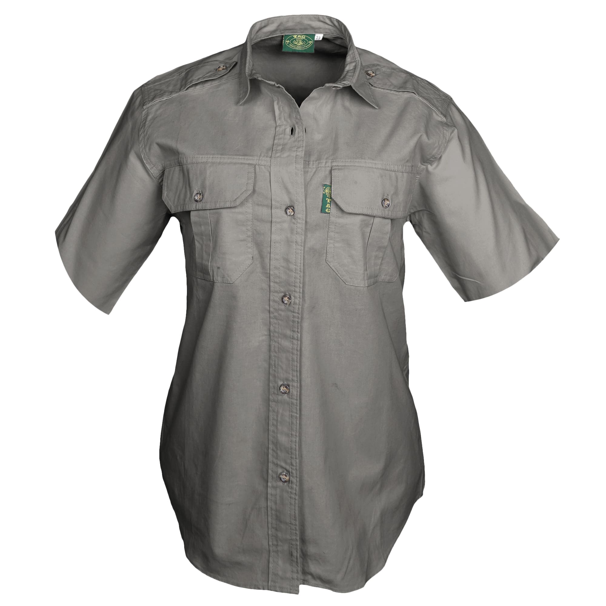 Front view of a Woman's Trail Shirt in Short Sleeves, color Olive. The shirt has two flap-covered chest pockets, functional cross-stitched shoulder straps, a button-front placket, double stitching throughout, and long rounded tails for tucking into pants. 100% cotton.--5