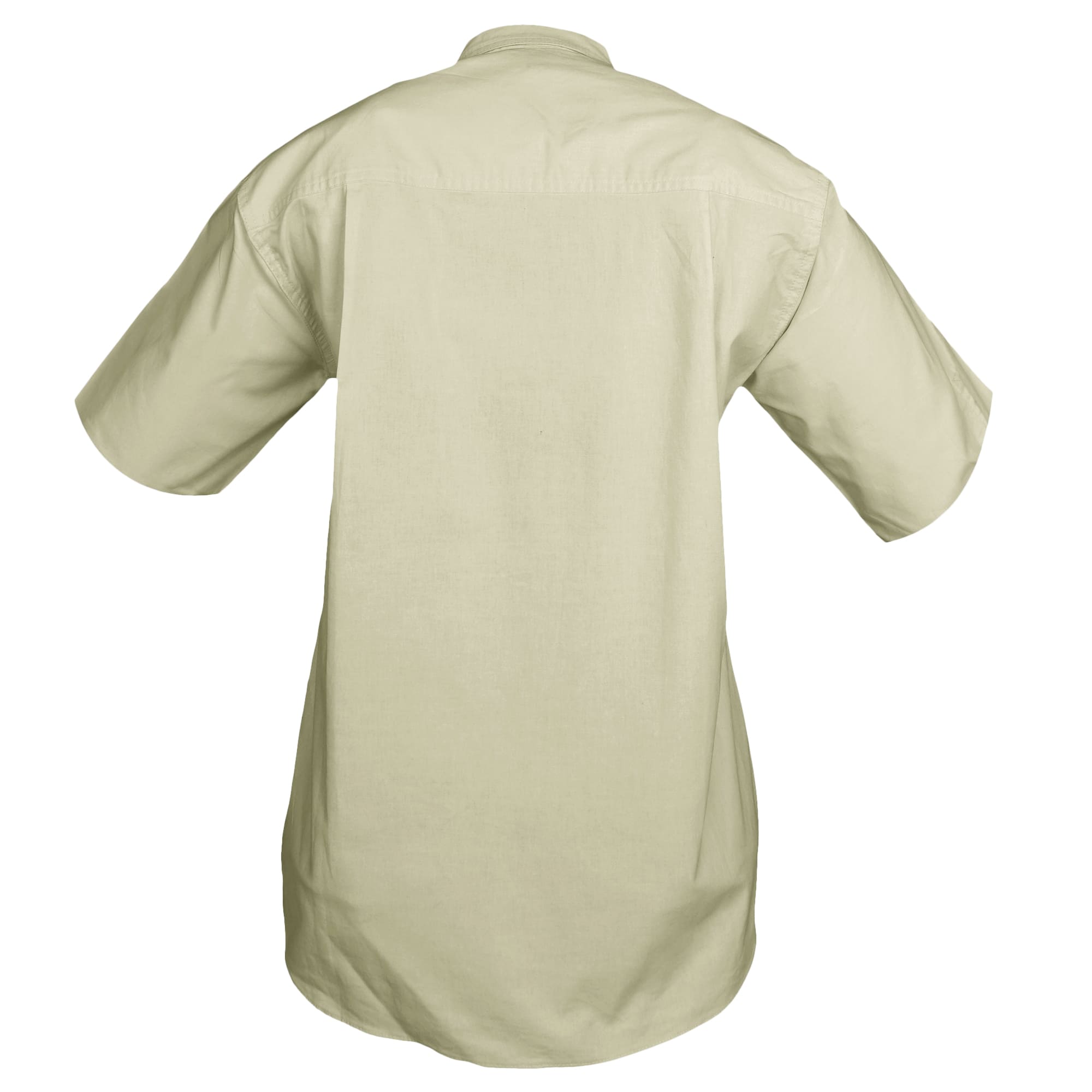 Back view of a Woman's Trail Shirt in Short Sleeves, color Stone. The shirt has a dual layer yoke, functional cross-stitched shoulder straps, double stitching throughout, and long rounded tails for tucking into pants. 100% cotton.--8