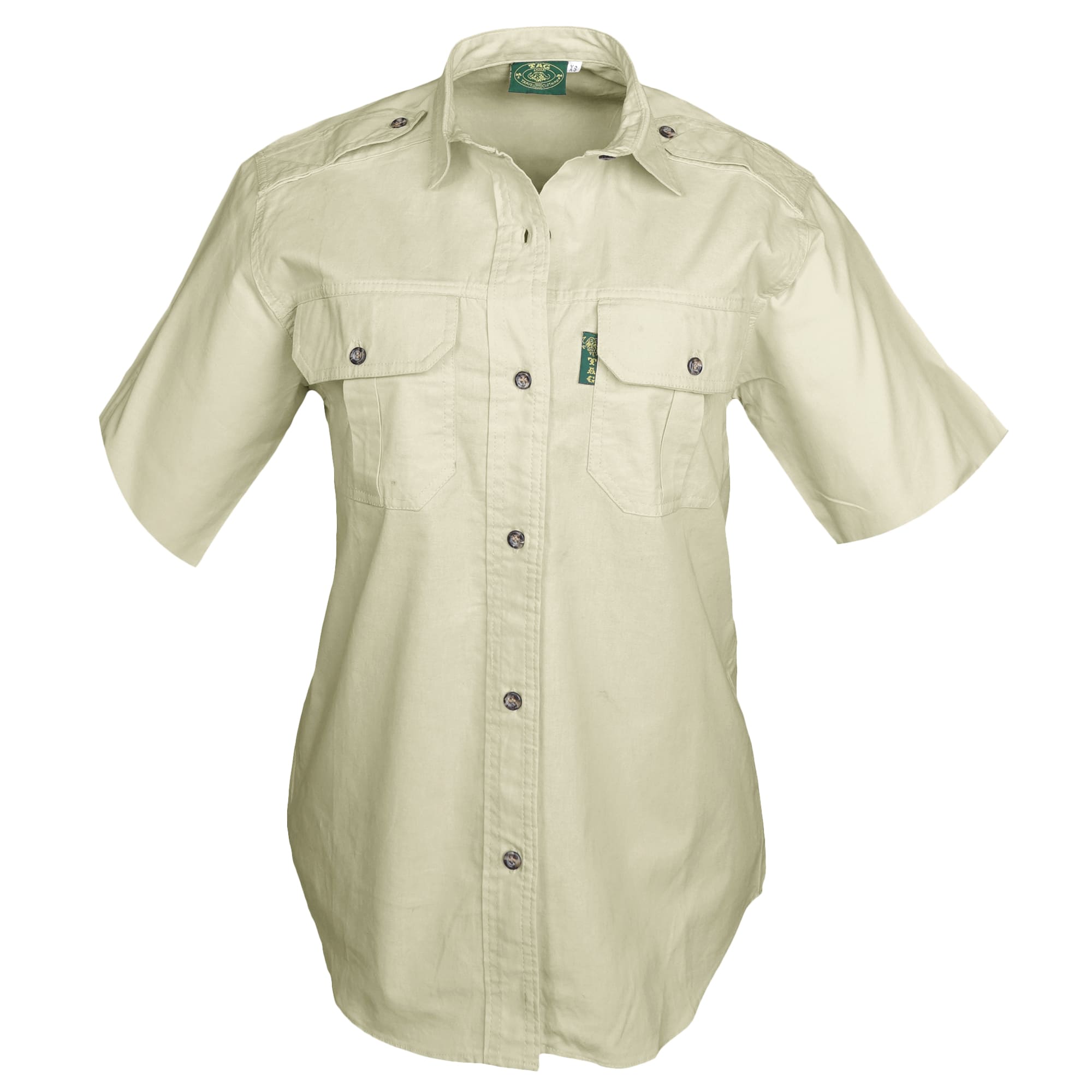 Front view of a Woman's Trail Shirt in Short Sleeves, color Stone. The shirt has two flap-covered chest pockets, functional cross-stitched shoulder straps, a button-front placket, double stitching throughout, and long rounded tails for tucking into pants. 100% cotton.--7