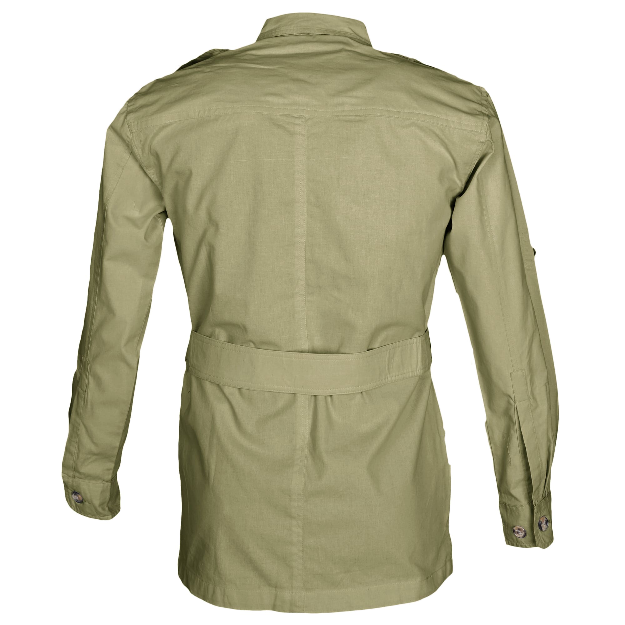 Back view of a Men's Safari Jacket, color Khaki. The jacket has a double yolk, functional cross-stitched shoulder straps, Swiss roll-up tabs on the sleeves, a buckled waist belt, and double stitching throughout. 100% cotton.--2