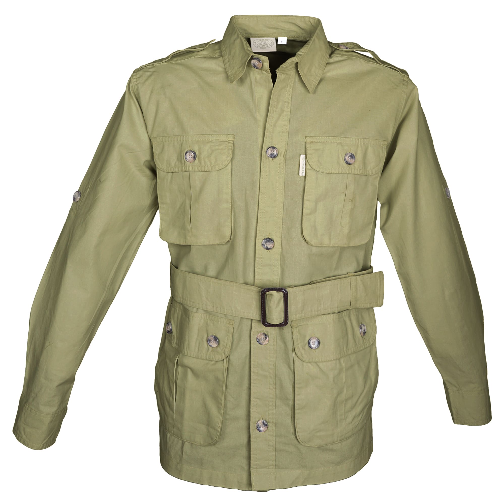 Front view of a Men's Safari Jacket, color Khaki. The jacket has two large flap-covered cargo-style chest pockets, two large flap-covered cargo-style waist pockets, functional cross-stitched shoulder straps, Swiss roll-up tabs on the sleeves, a button-front placket, a buckled waist belt, and double stitching throughout. 100% cotton.--1