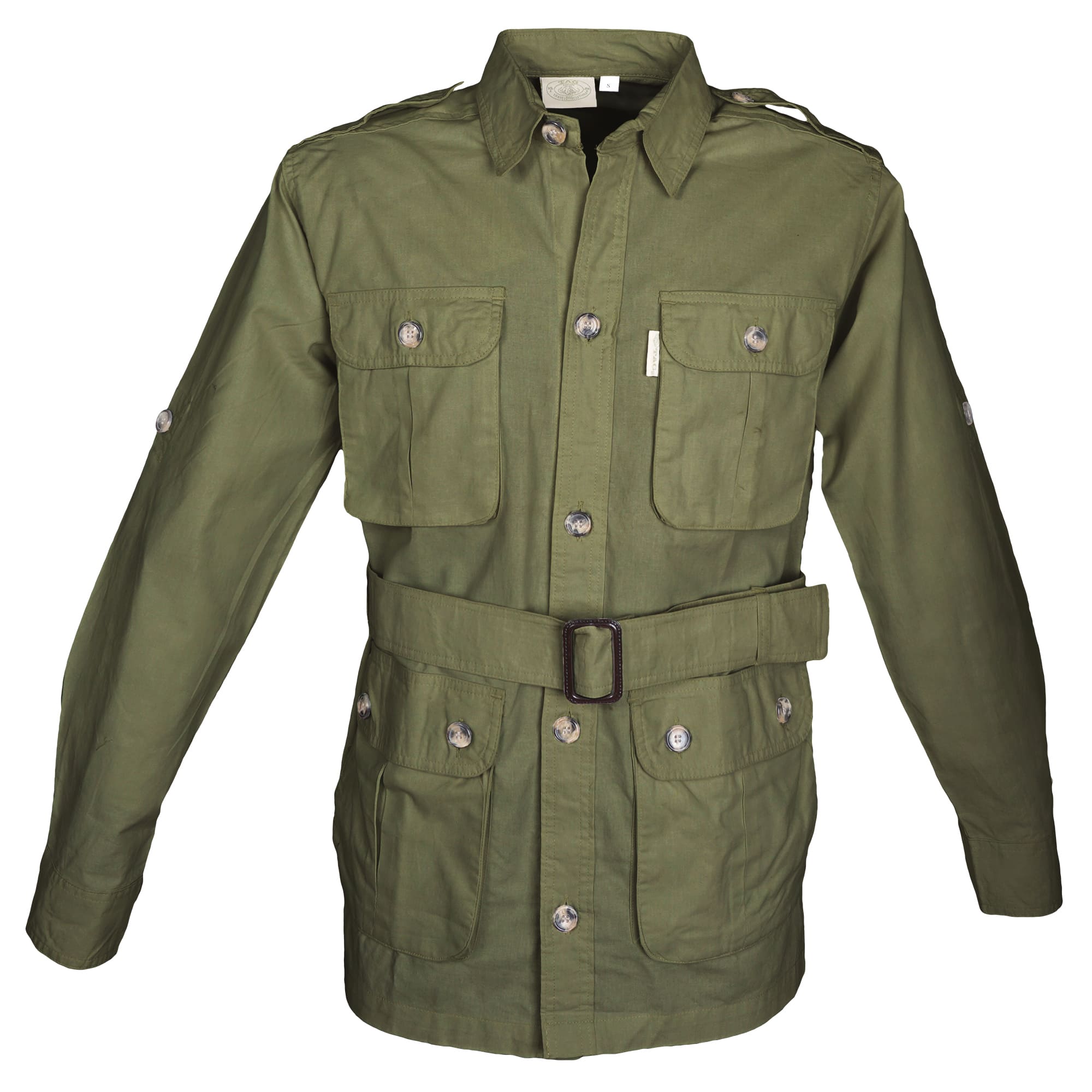 Front view of a Men's Safari Jacket, color Moss. The jacket has two large flap-covered cargo-style chest pockets, two large flap-covered cargo-style waist pockets, functional cross-stitched shoulder straps, Swiss roll-up tabs on the sleeves, a button-front placket, a buckled waist belt, and double stitching throughout. 100% cotton.--5