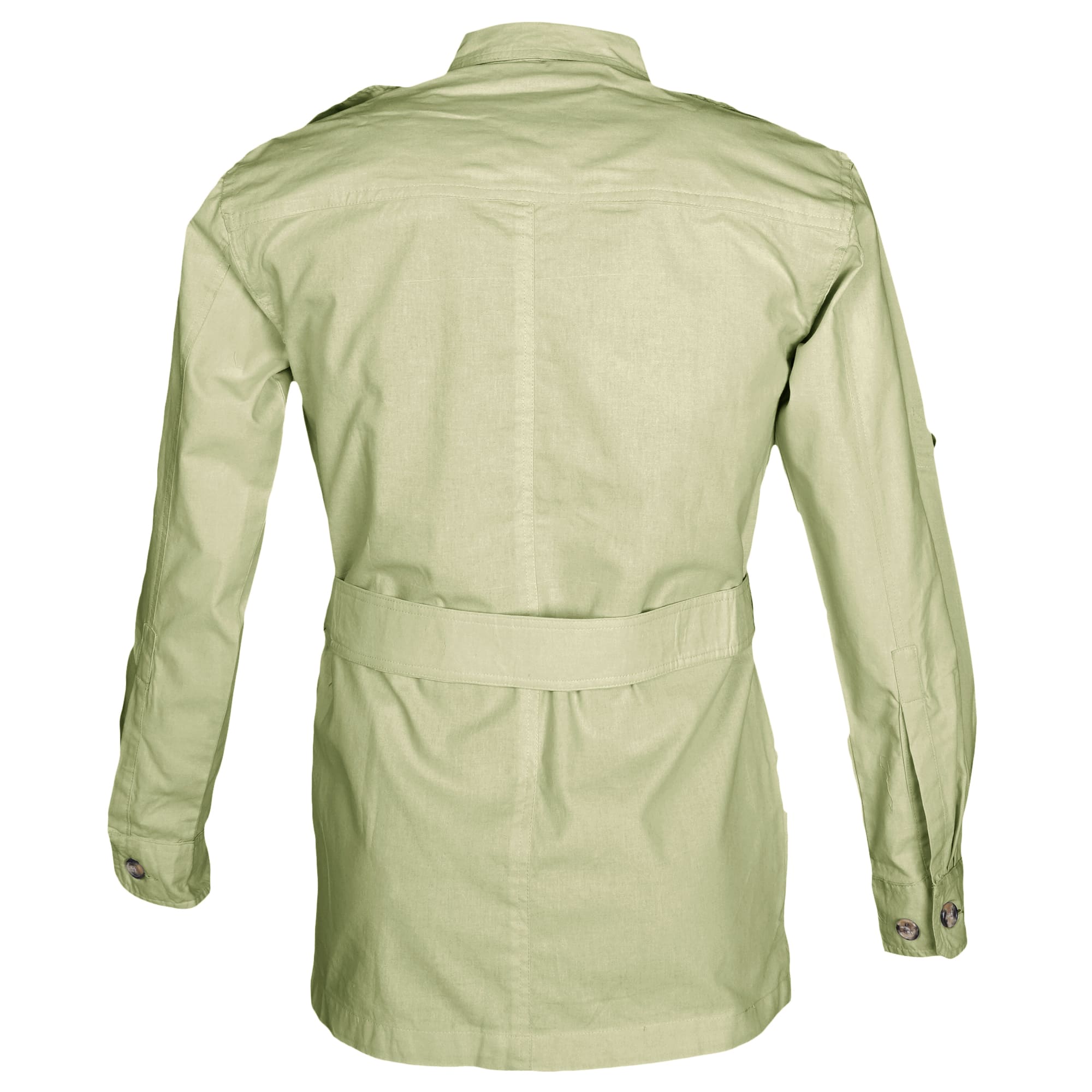 Back view of a Men's Safari Jacket, color Stone. The jacket has a double yolk, functional cross-stitched shoulder straps, Swiss roll-up tabs on the sleeves, a buckled waist belt, and double stitching throughout. 100% cotton.--8