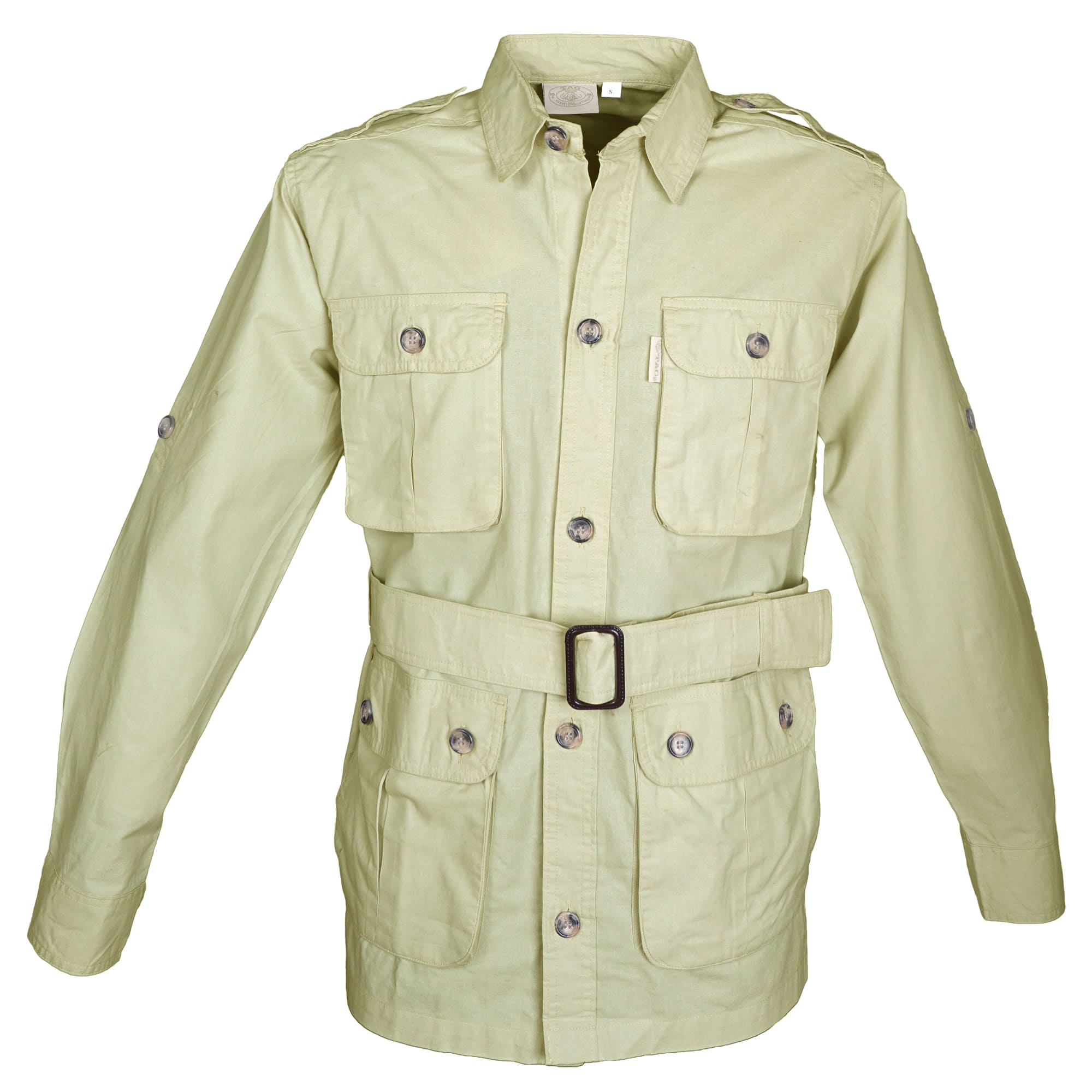 Front view of a Men's Safari Jacket, color Stone. The jacket has two large flap-covered cargo-style chest pockets, two large flap-covered cargo-style waist pockets, functional cross-stitched shoulder straps, Swiss roll-up tabs on the sleeves, a button-front placket, a buckled waist belt, and double stitching throughout. 100% cotton.--7