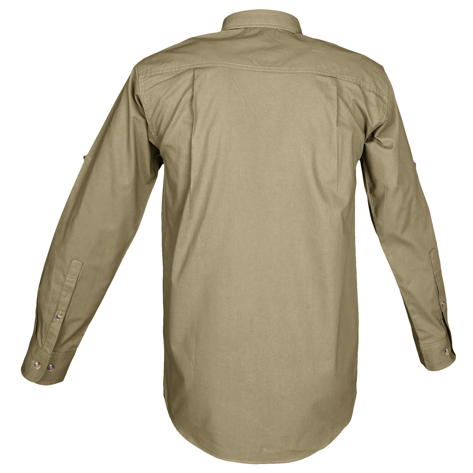 Back view of a Men's Trail Shirt with Buffalo Logo in Long Sleeves, color Khaki. The shirt has a dual layer yoke, functional cross-stitched shoulder straps, double stitching throughout, and long rounded tails for tucking into pants. 100% cotton.--2