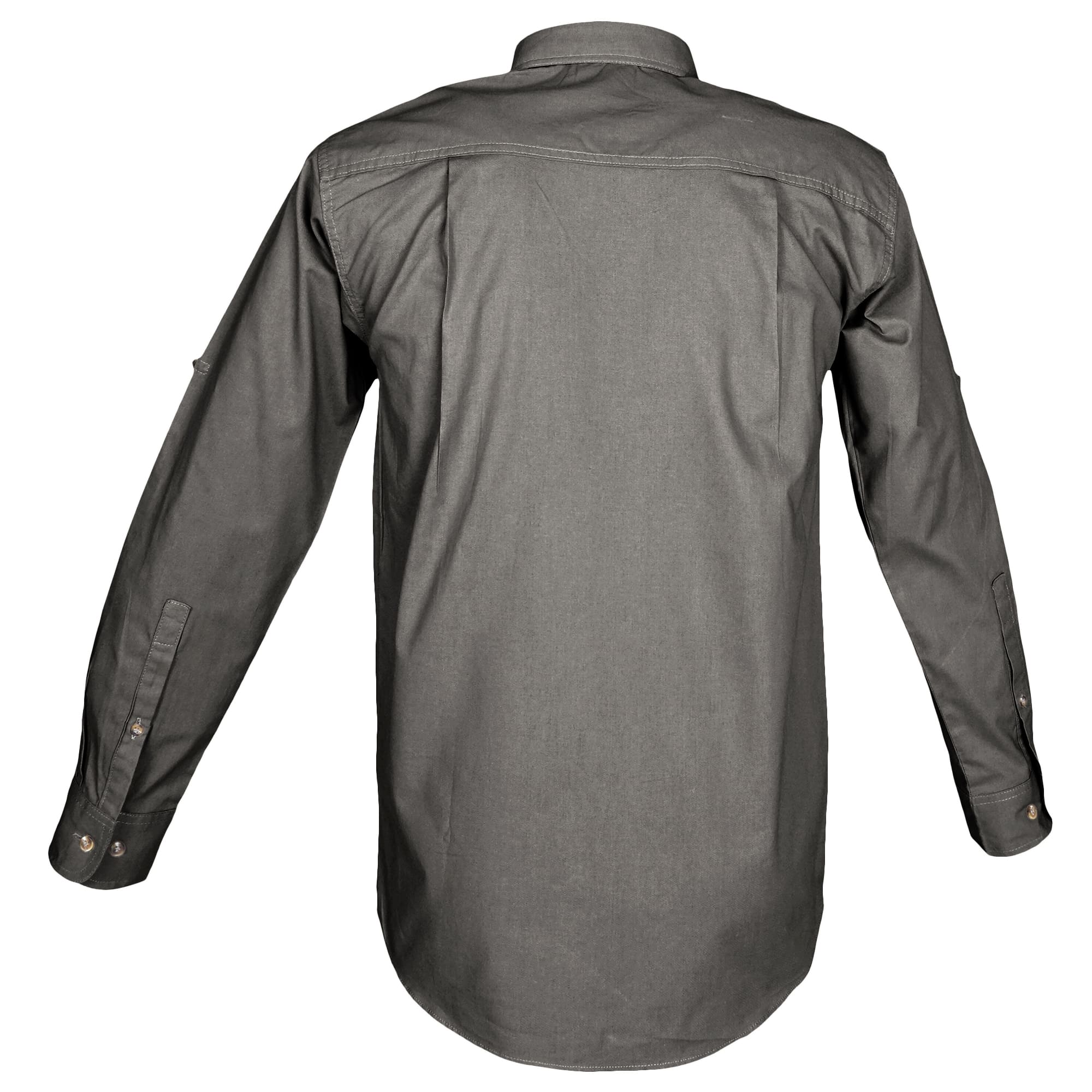 Back view of a Men's Trail Shirt with Buffalo Logo in Long Sleeves, color Olive. The shirt has a dual layer yoke, functional cross-stitched shoulder straps, double stitching throughout, and long rounded tails for tucking into pants. 100% cotton.--5