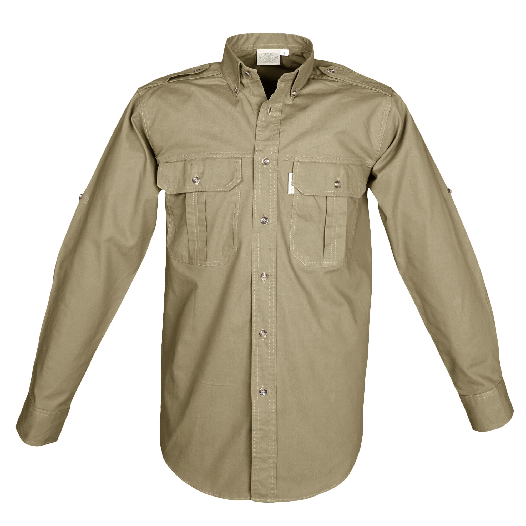 Front view of a Men's Trail Shirt in Long Sleeves, color Khaki. The shirt has two flap-covered chest pockets, button-down collars, functional cross-stitched shoulder straps, a button-front placket, double stitching throughout, and long rounded tails for tucking into pants. 100% cotton.--1