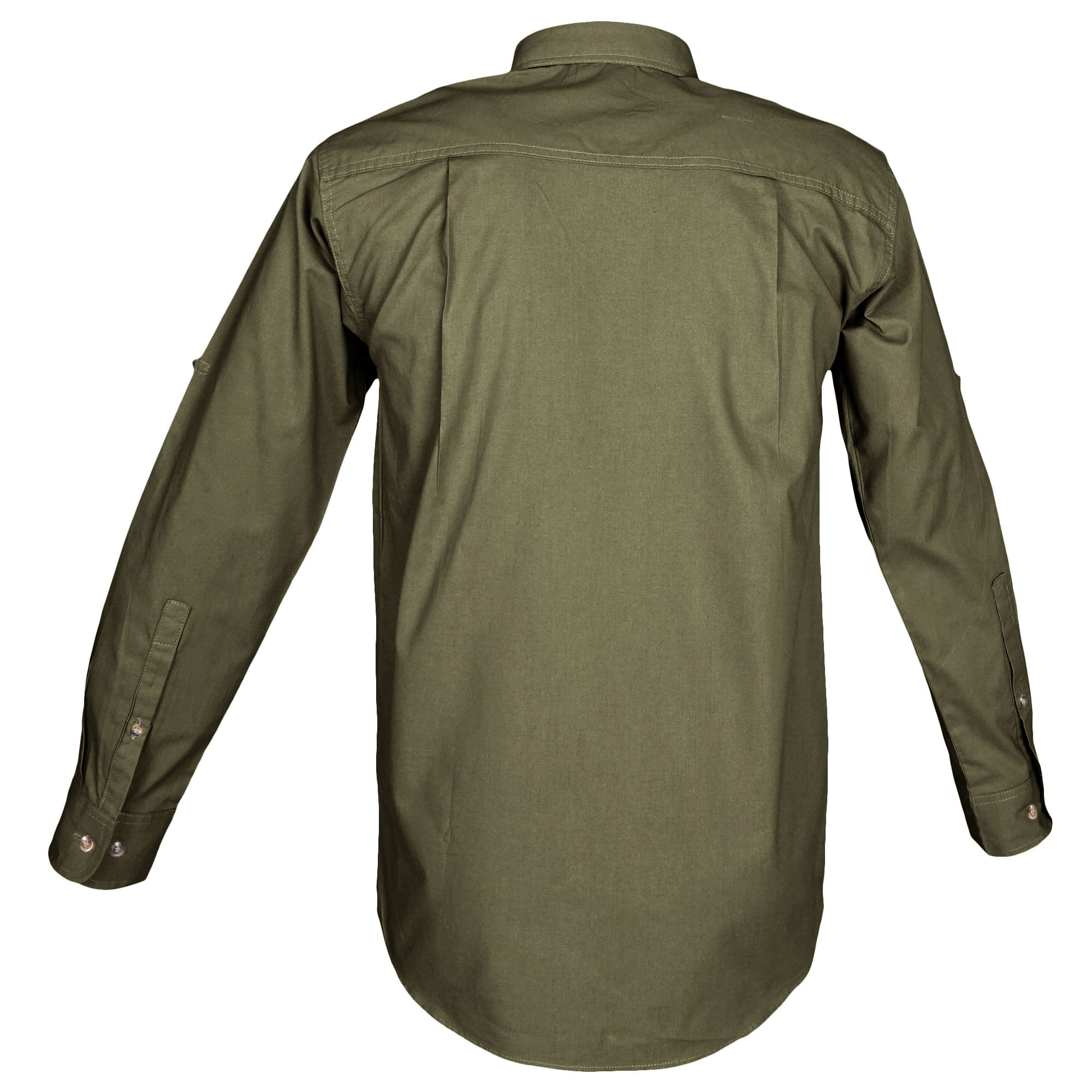 Back view of a Men's Trail Shirt in Long Sleeves, color Moss. The shirt has a dual layer yoke, functional cross-stitched shoulder straps, double stitching throughout, and long rounded tails for tucking into pants. 100% cotton.--8