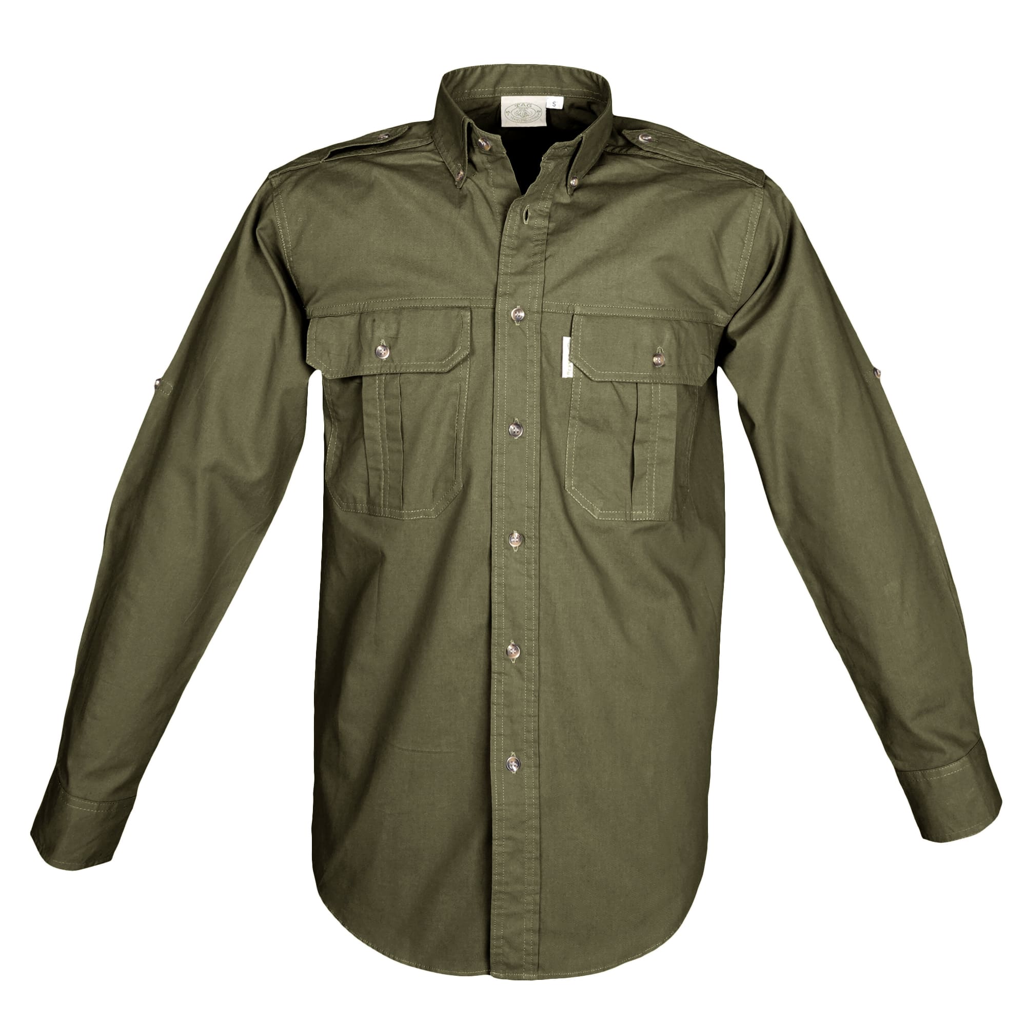 Front view of a Men's Trail Shirt in Long Sleeves, color Moss. The shirt has two flap-covered chest pockets, button-down collars, functional cross-stitched shoulder straps, a button-front placket, double stitching throughout, and long rounded tails for tucking into pants. 100% cotton.--7