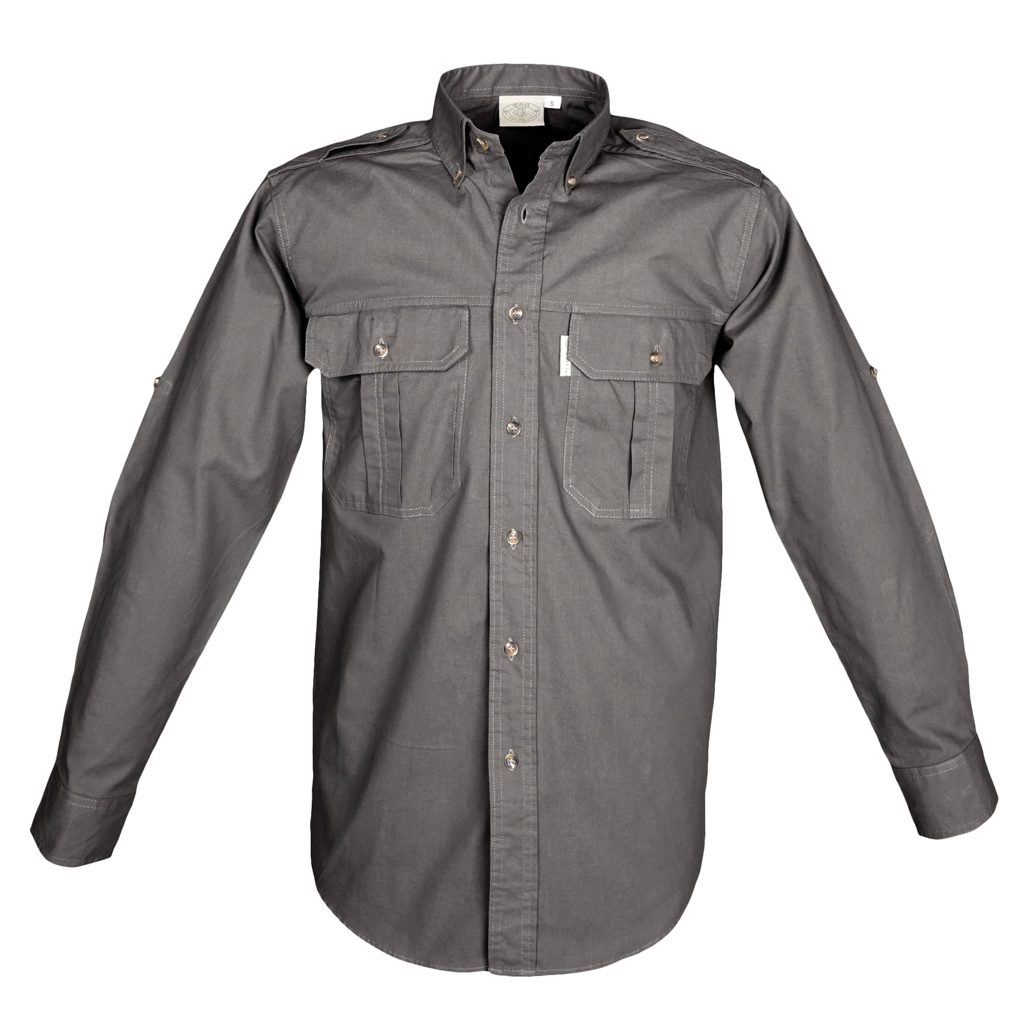 Front view of a Men's Trail Shirt in Long Sleeves, color Olive. The shirt has two flap-covered chest pockets, button-down collars, functional cross-stitched shoulder straps, a button-front placket, double stitching throughout, and long rounded tails for tucking into pants. 100% cotton.--3