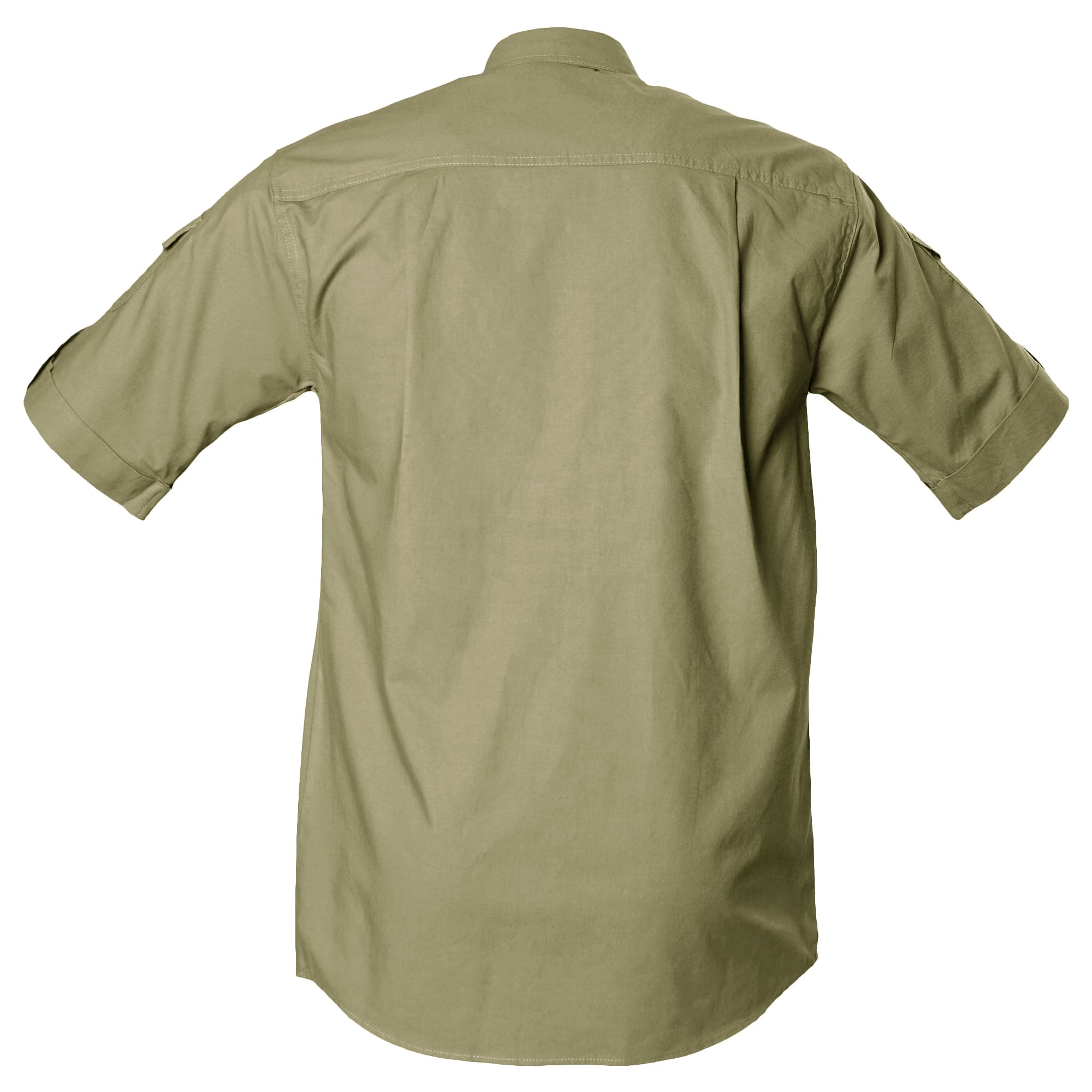 Back view of a Men's Shooter Shirt in Short Sleeves, color Khaki. The shirt has functional cross-stitched shoulder straps, double stitching throughout, and long rounded tails for tucking into pants. 100% cotton.--2