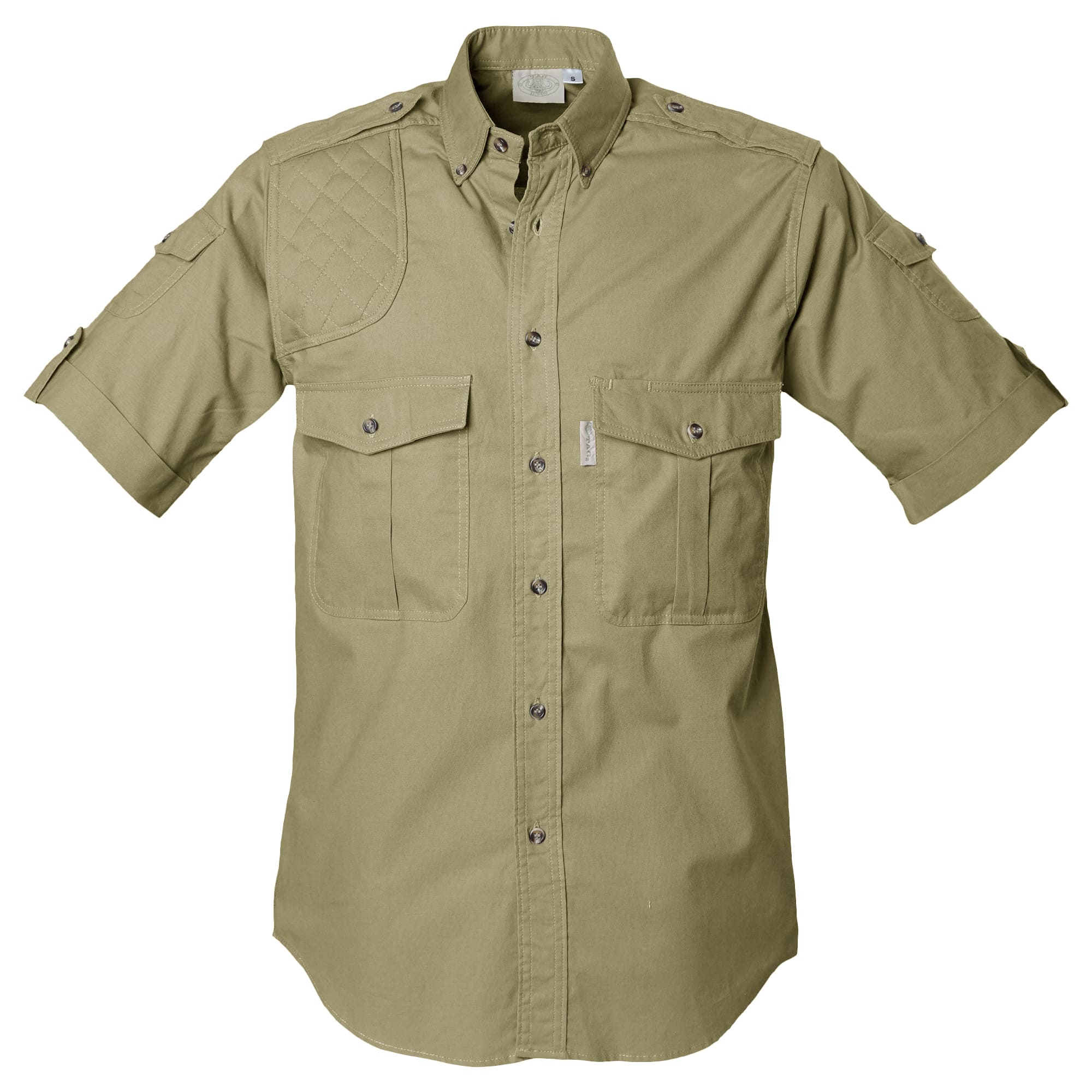Front view of a Men's Shooter Shirt in Short Sleeves, color Khaki. The shirt has a quilted shooting pad at the right shoulder, ammo pockets on the sleeves, two flap-covered chest pockets, button-down collars, functional cross-stitched shoulder straps, a button-front placket, double stitching throughout, and long rounded tails for tucking into pants. 100% cotton.--1