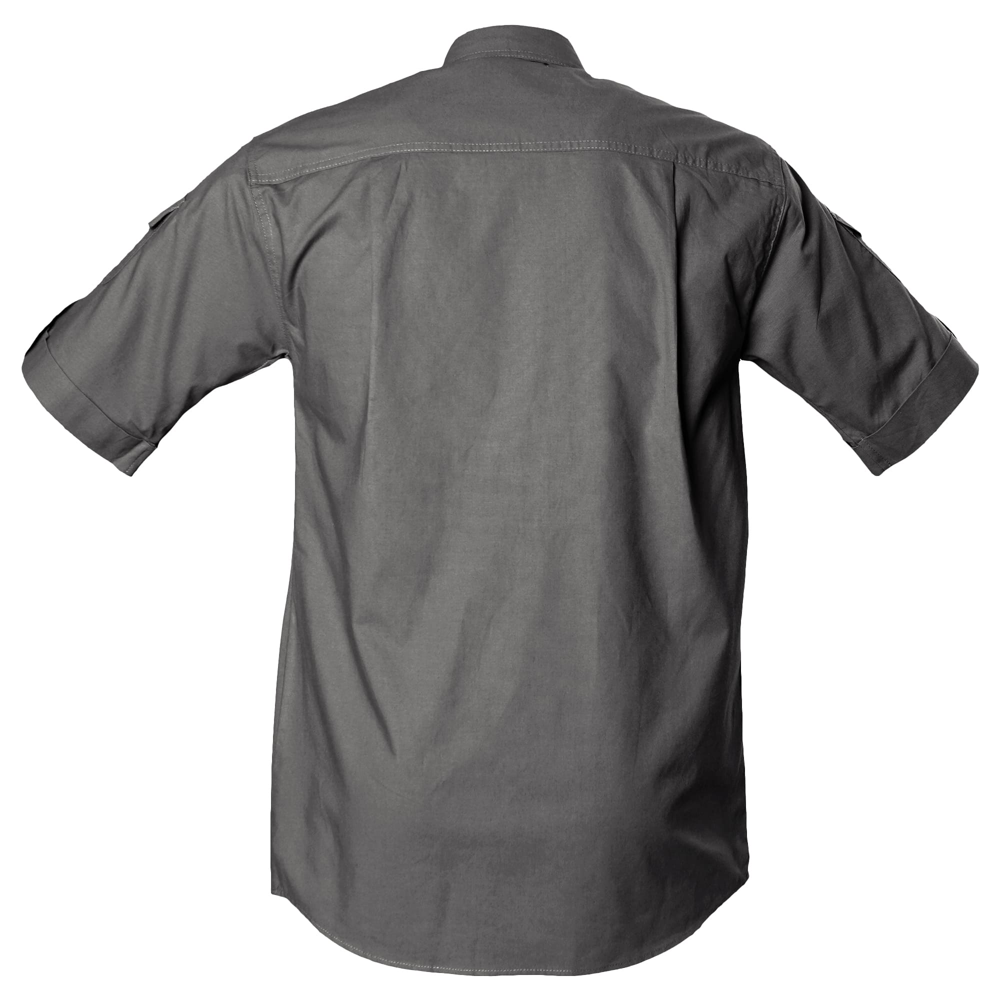Back view of a Men's Shooter Shirt in Short Sleeves, color Olive. The shirt has functional cross-stitched shoulder straps, double stitching throughout, and long rounded tails for tucking into pants. 100% cotton.--4