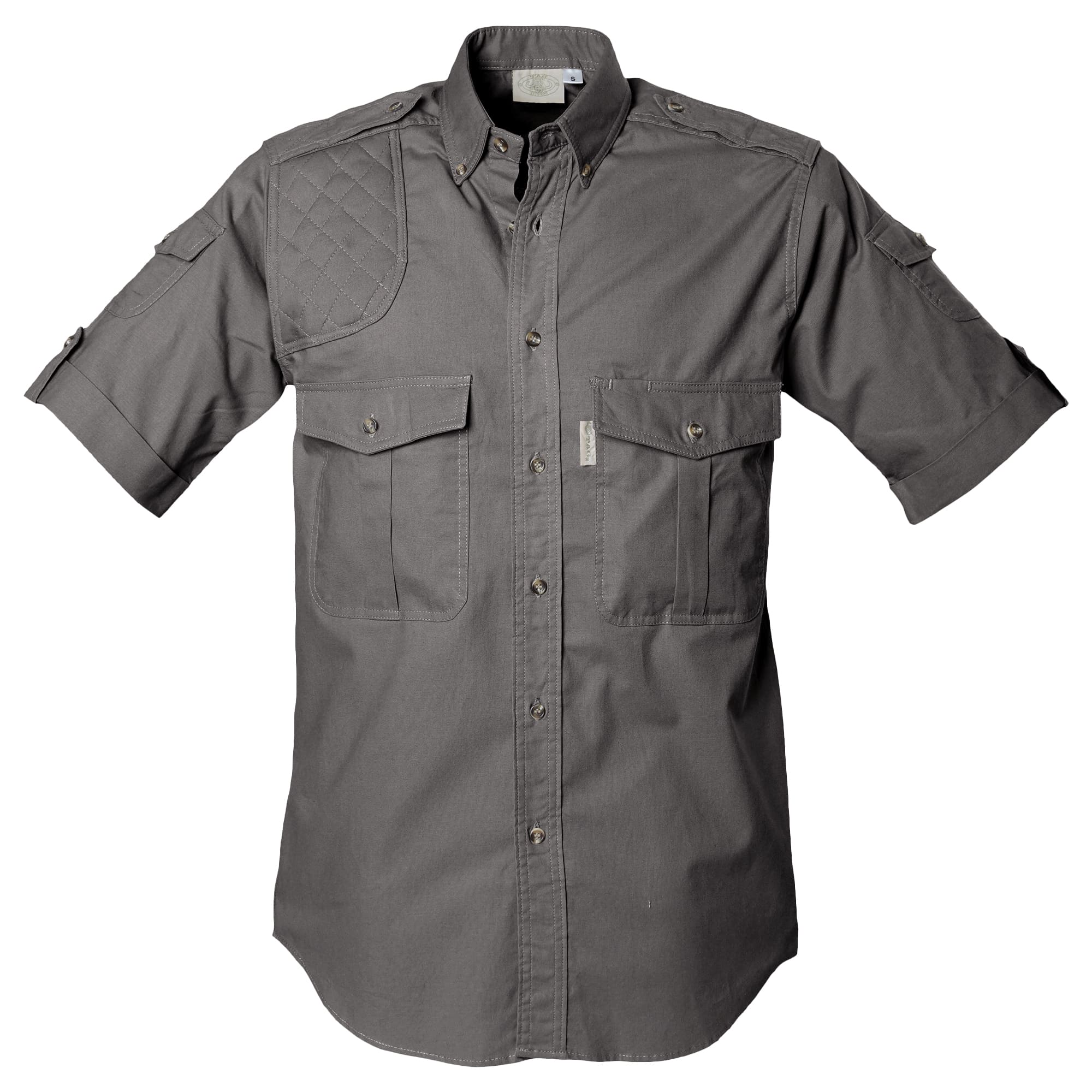 Front view of a Men's Shooter Shirt in Short Sleeves, color Olive. The shirt has a quilted shooting pad at the right shoulder, ammo pockets on the sleeves, two flap-covered chest pockets, button-down collars, functional cross-stitched shoulder straps, a button-front placket, double stitching throughout, and long rounded tails for tucking into pants. 100% cotton.--3
