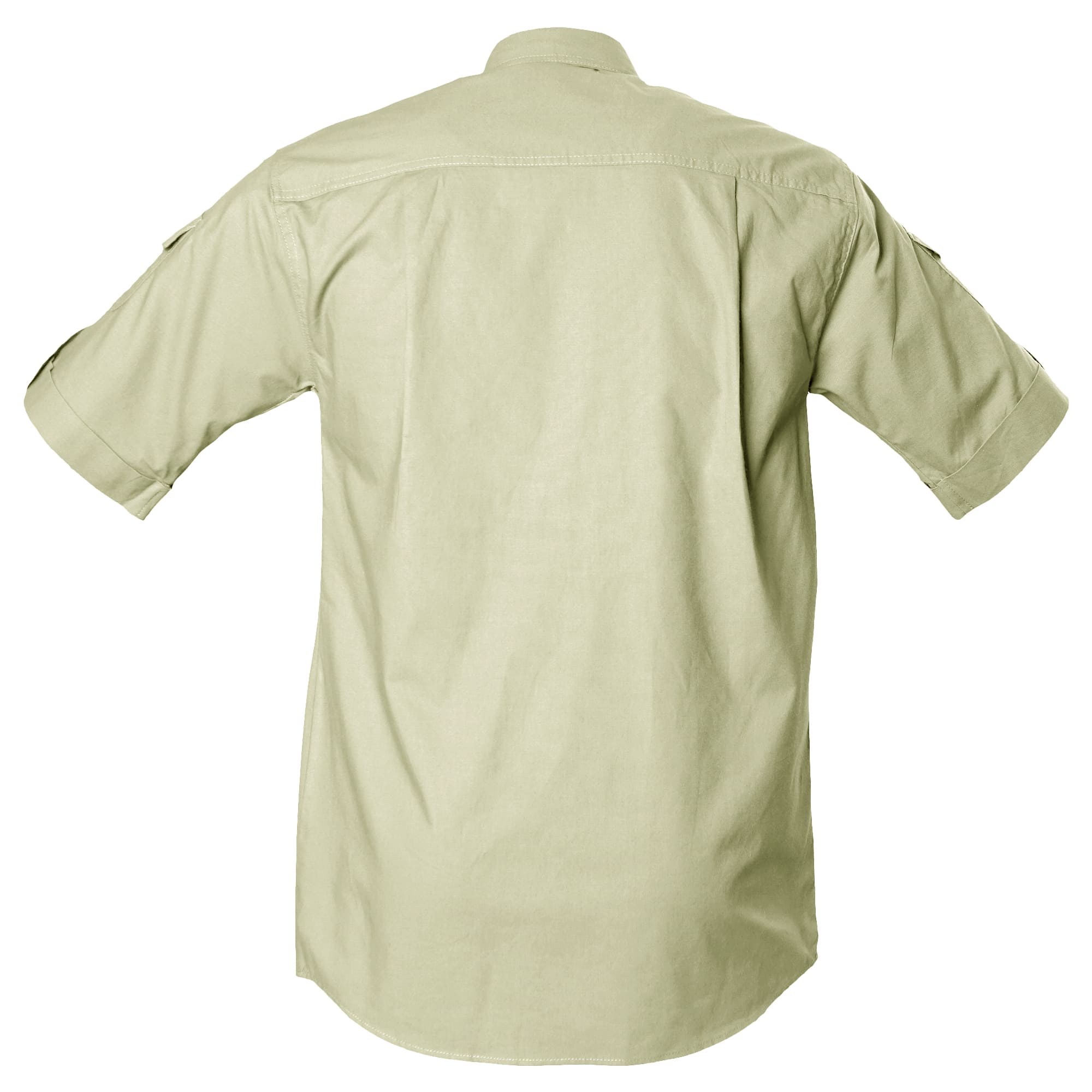Back view of a Men's Shooter Shirt in Short Sleeves, color Stone. The shirt has functional cross-stitched shoulder straps, double stitching throughout, and long rounded tails for tucking into pants. 100% cotton.--6
