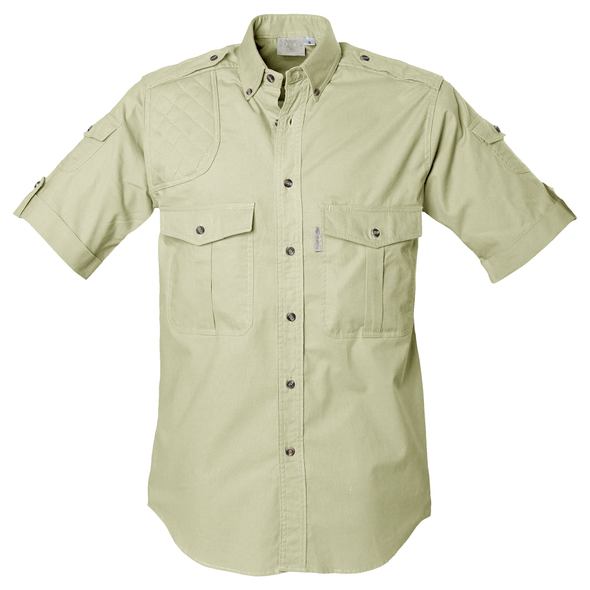Front view of a Men's Shooter Shirt in Short Sleeves, color Stone. The shirt has a quilted shooting pad at the right shoulder, ammo pockets on the sleeves, two flap-covered chest pockets, button-down collars, functional cross-stitched shoulder straps, a button-front placket, double stitching throughout, and long rounded tails for tucking into pants. 100% cotton.--5