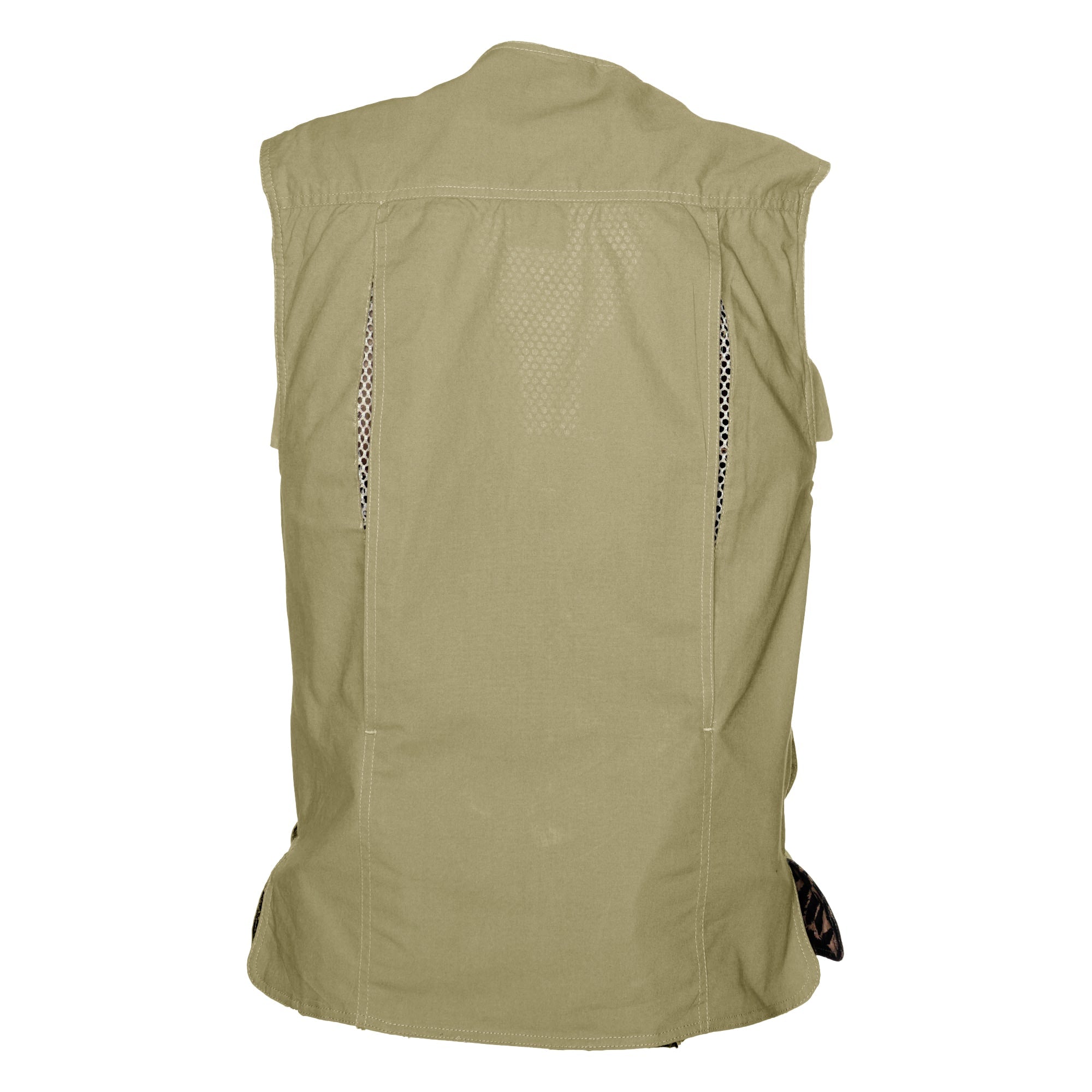 Back of a Men's Livingstone Safari Vest, color Khaki. The vest has a mesh-lined vented back, a double yolk, and double stitching throughout. 100% cotton.--2