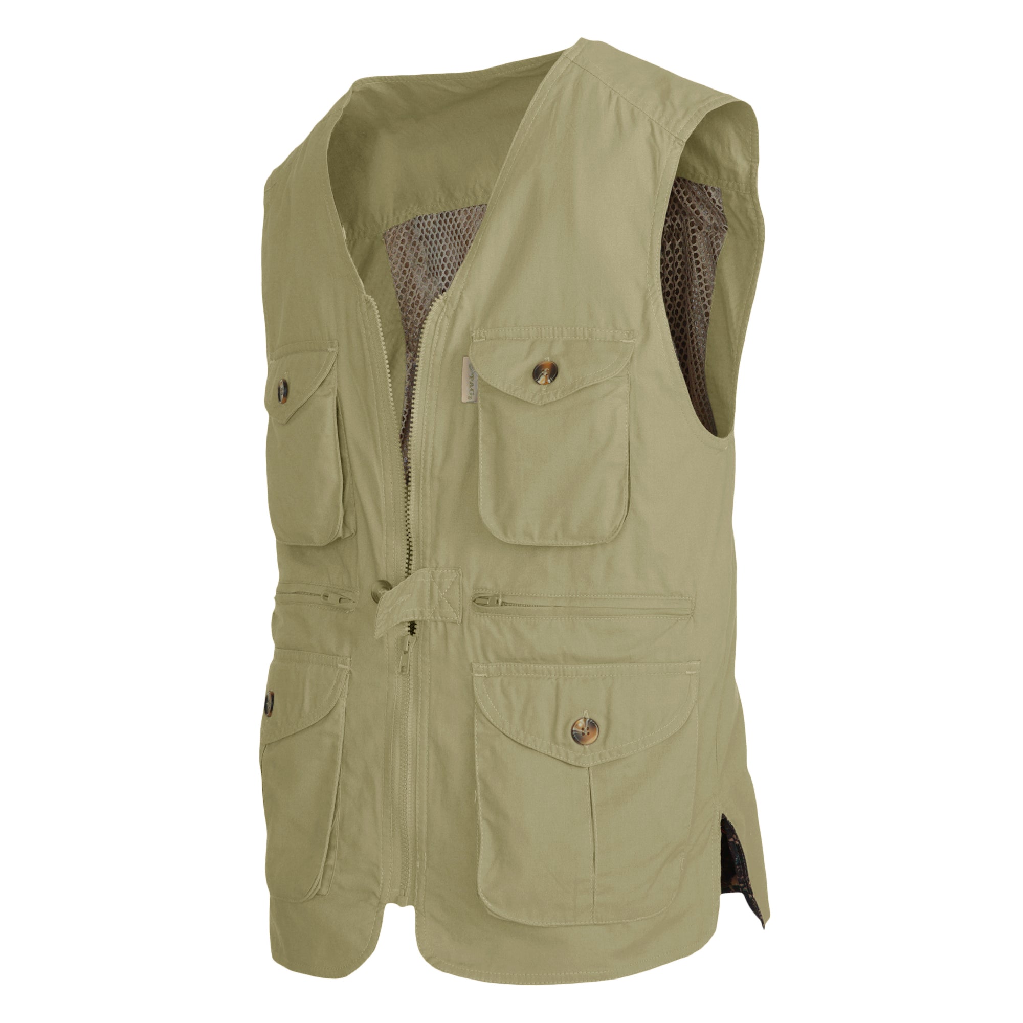 Side of a Men's Livingstone Safari Vest, color Khaki. The vest has two flap-covered chest pockets, two zippered pockets at the hip, two flap-covered expandable pockets at the waist, a full zippered front with a buttoned tab, a mesh vent liner, a printed cotton inside liner, and double stitching throughout. 100% cotton.--3