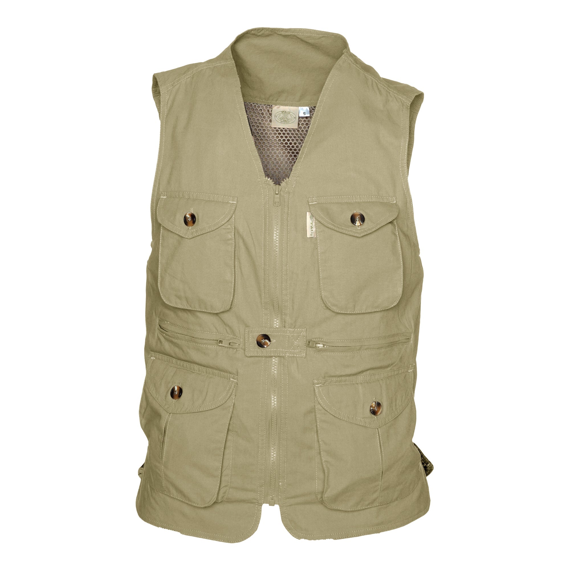 Front of a Men's Livingstone Safari Vest, color Khaki. The vest has two flap-covered chest pockets, two zippered pockets at the hip, two flap-covered expandable pockets at the waist, a full zippered front with a buttoned tab, a mesh vent liner, a printed cotton inside liner, and double stitching throughout. 100% cotton.--1