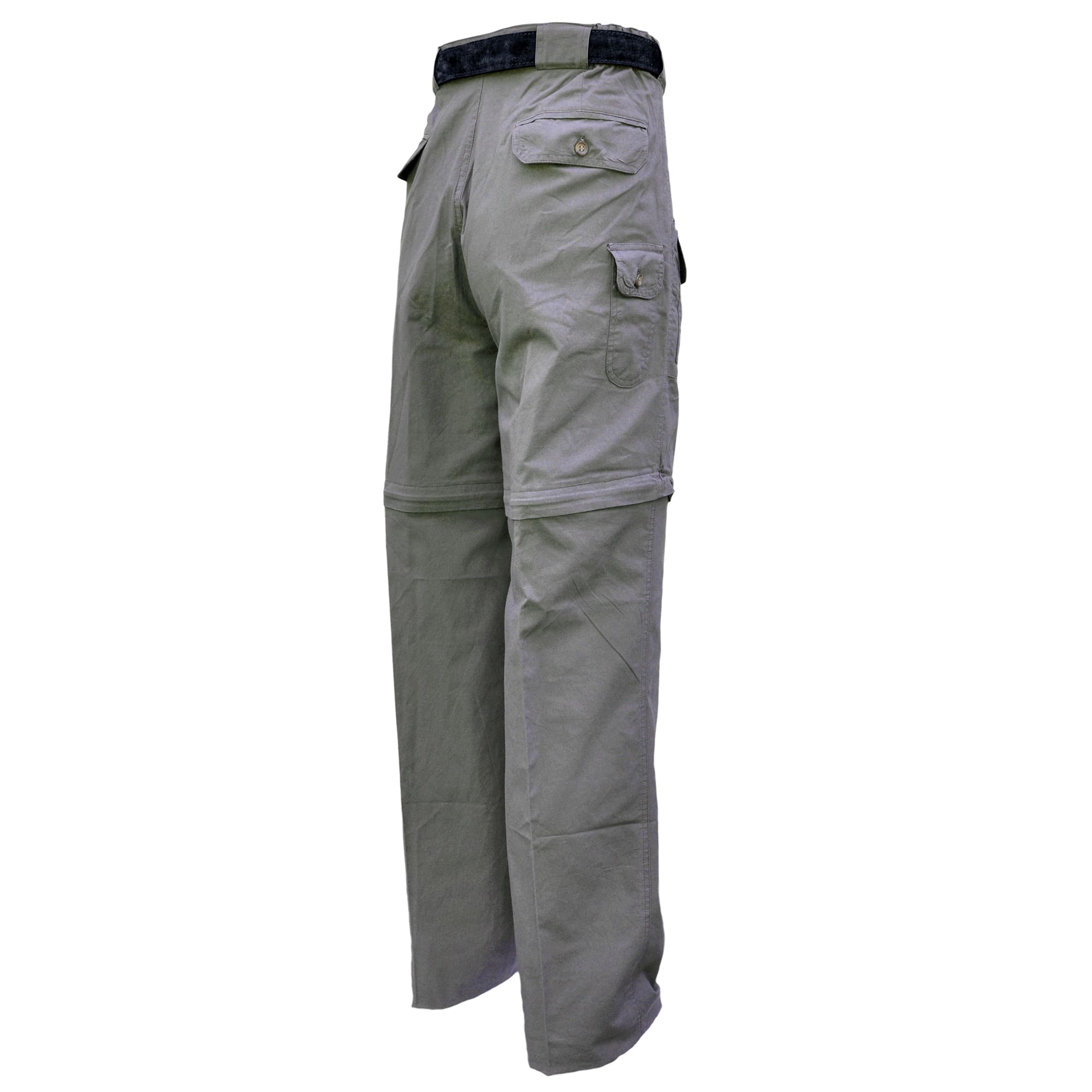 Back of Men's Zambezi Convertible Pants, color Olive. The pants have removable mid-thigh zippered legs, two flap-covered pockets on the seat, a flap-covered utility pocket on the side, expandable waist panels, oversized belt loops, and double stitching throughout. 100% cotton.--5
